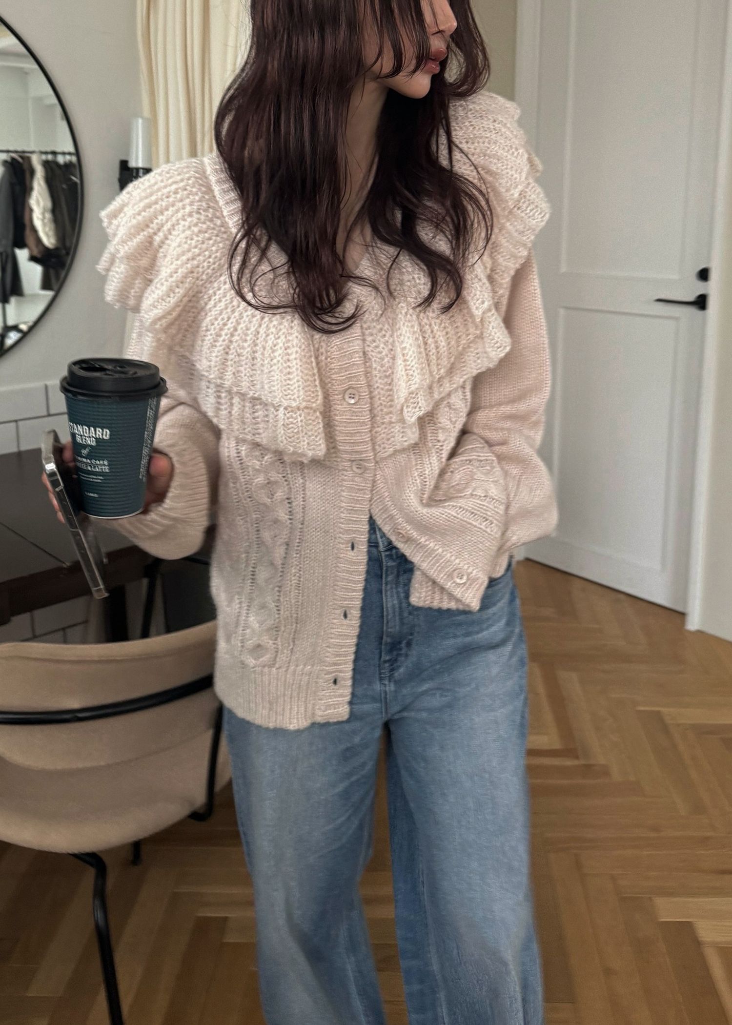 shoulder frill cable knit cardigan