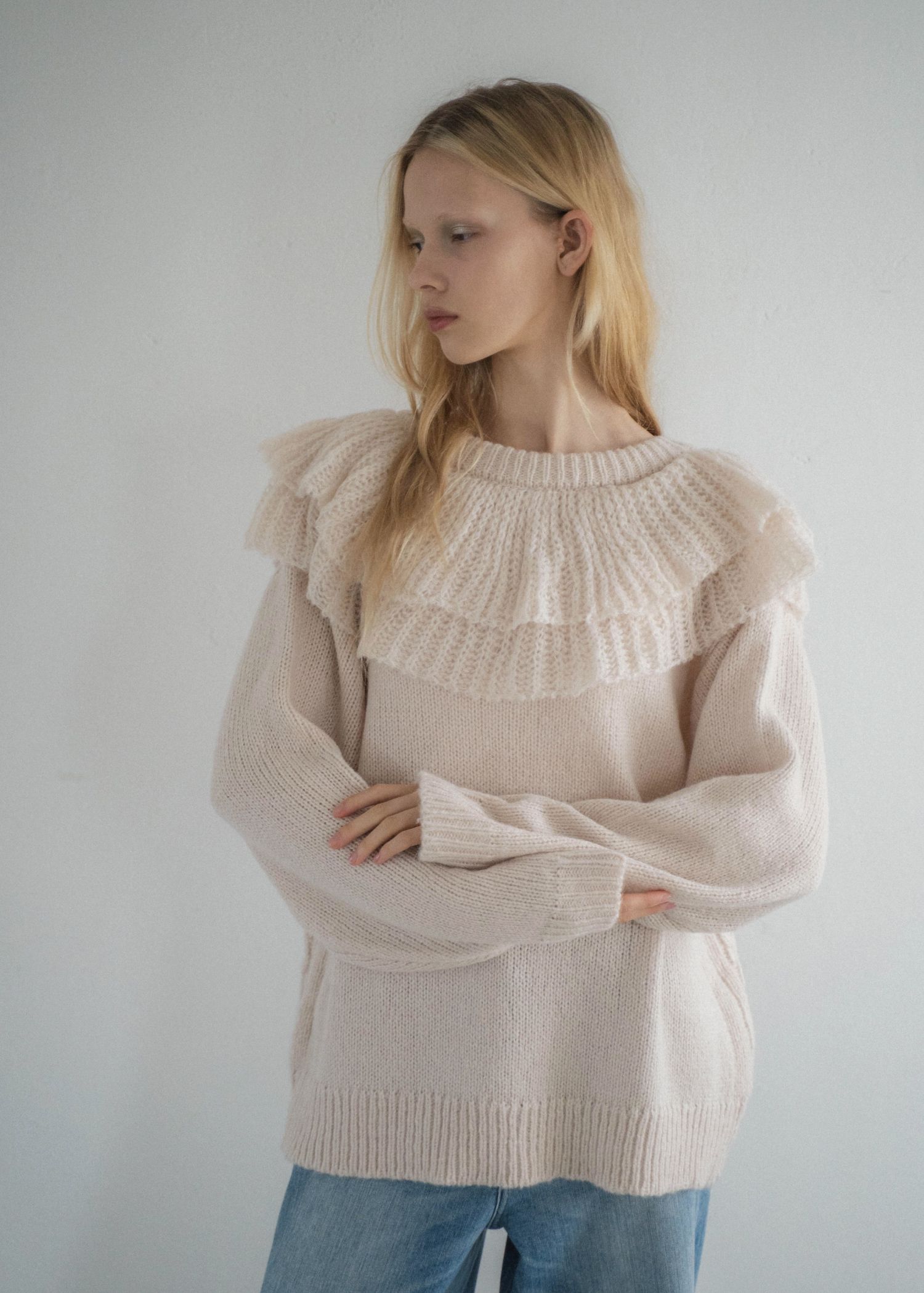 shoulder frill cable knit cardigan