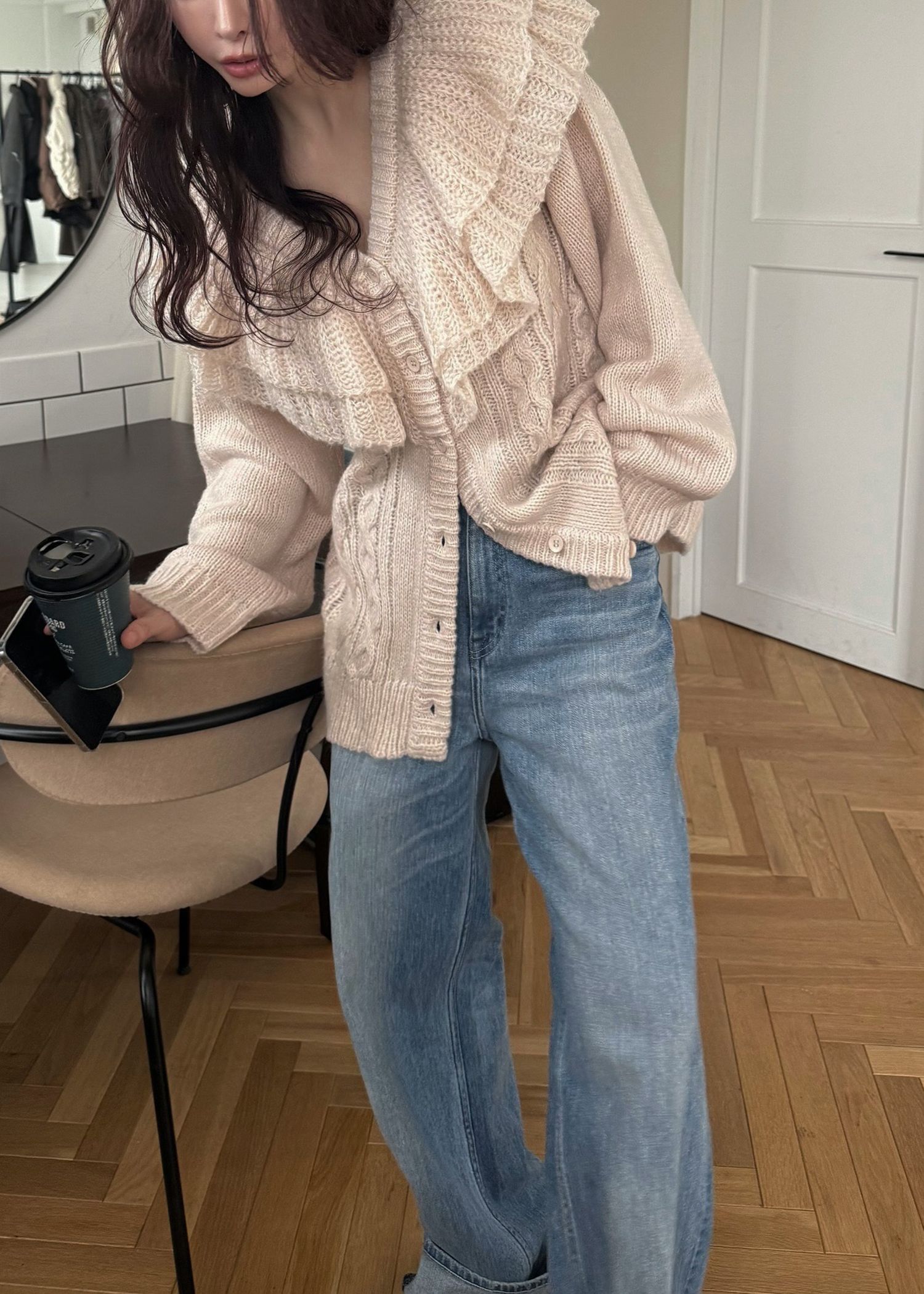 shoulder frill cable knit cardigan