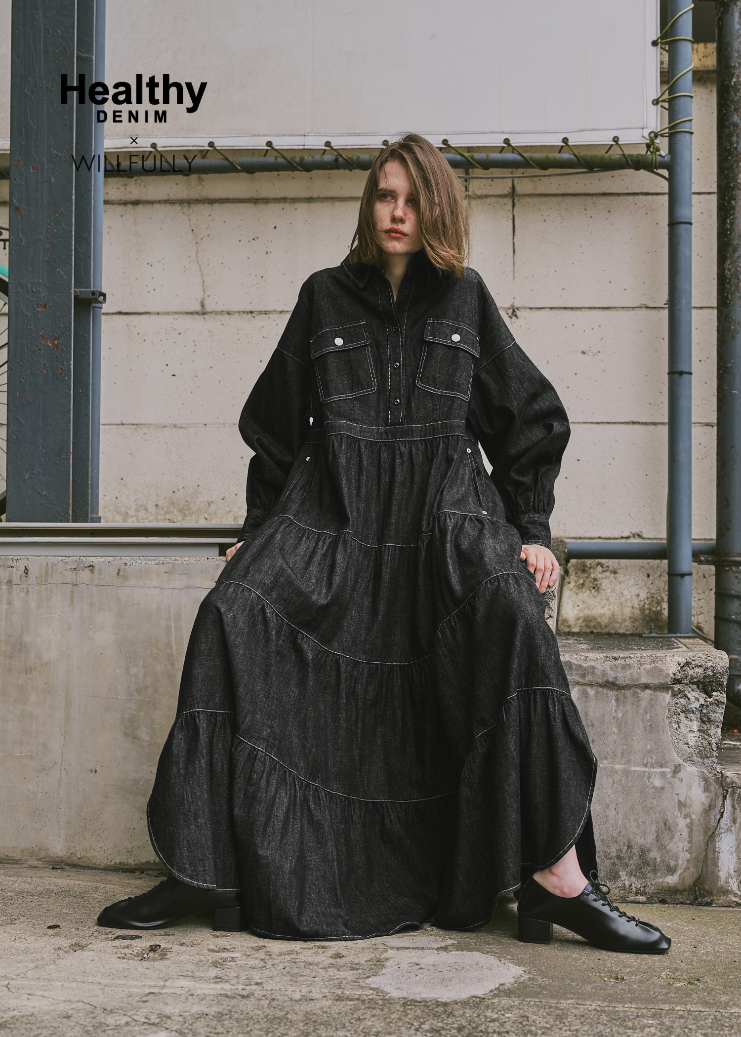 【Healthy DENIM × WILLFULLY】"Aphrodite" tiered denim shirt OP