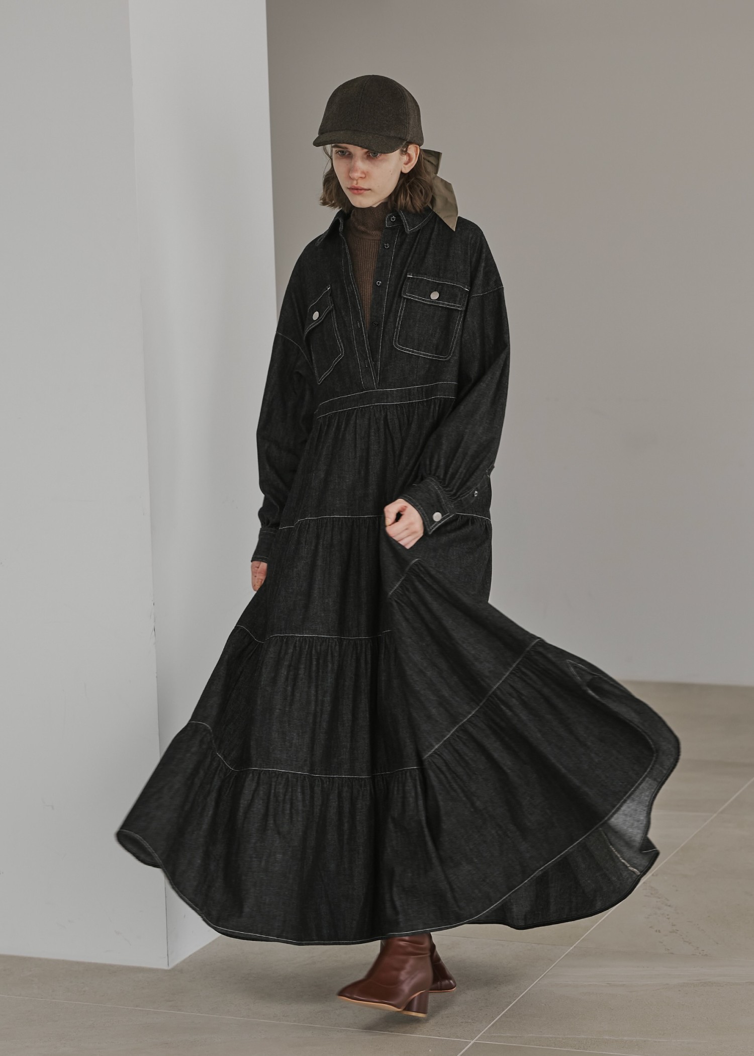 【Healthy DENIM × WILLFULLY】"Aphrodite" tiered denim shirt OP