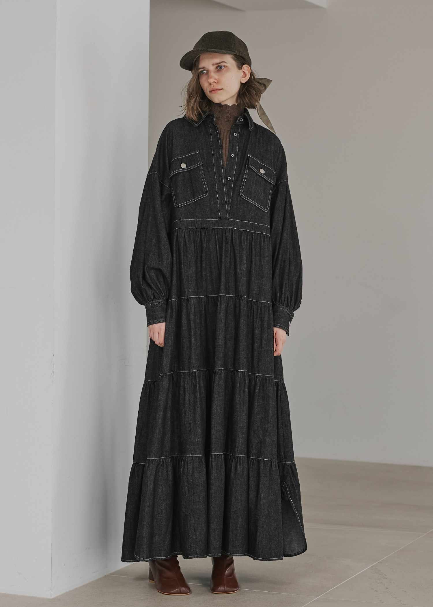 【Healthy DENIM × WILLFULLY】"Aphrodite" tiered denim shirt OP