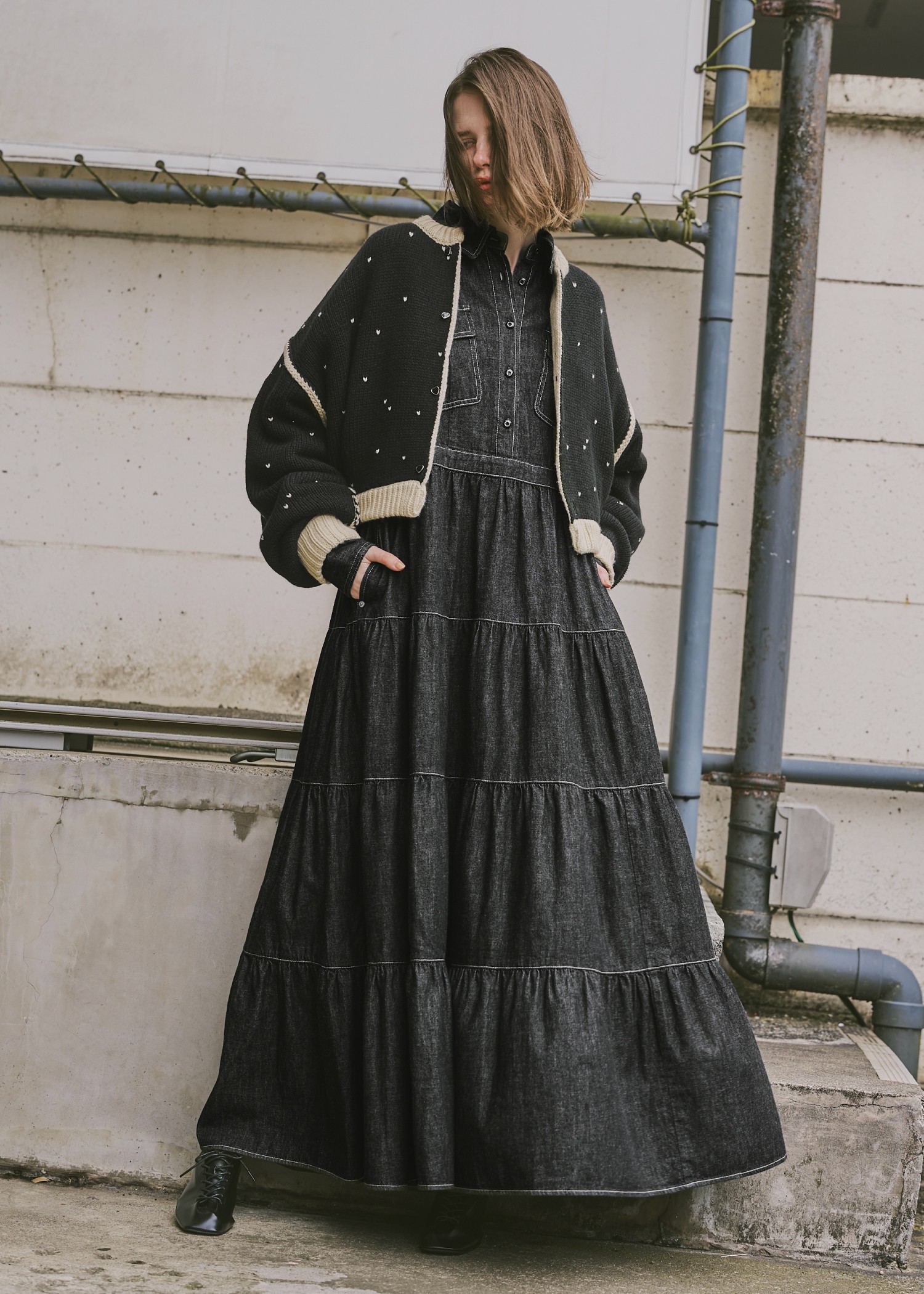 willfully フラワープリントデニムOP セール】flower print volume gather sleeve denim OP