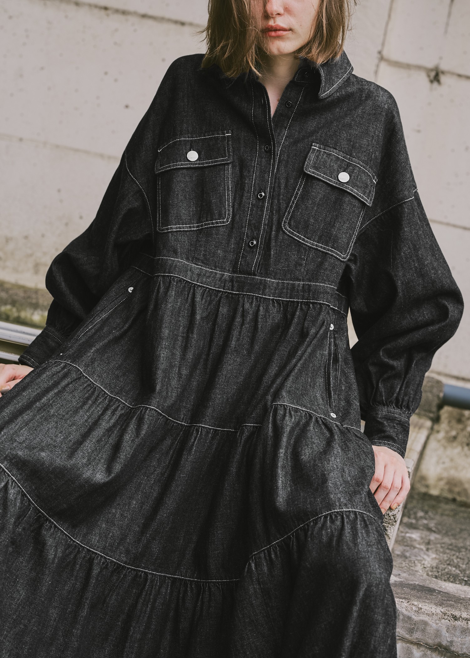 【Healthy DENIM × WILLFULLY】"Aphrodite" tiered denim shirt OP