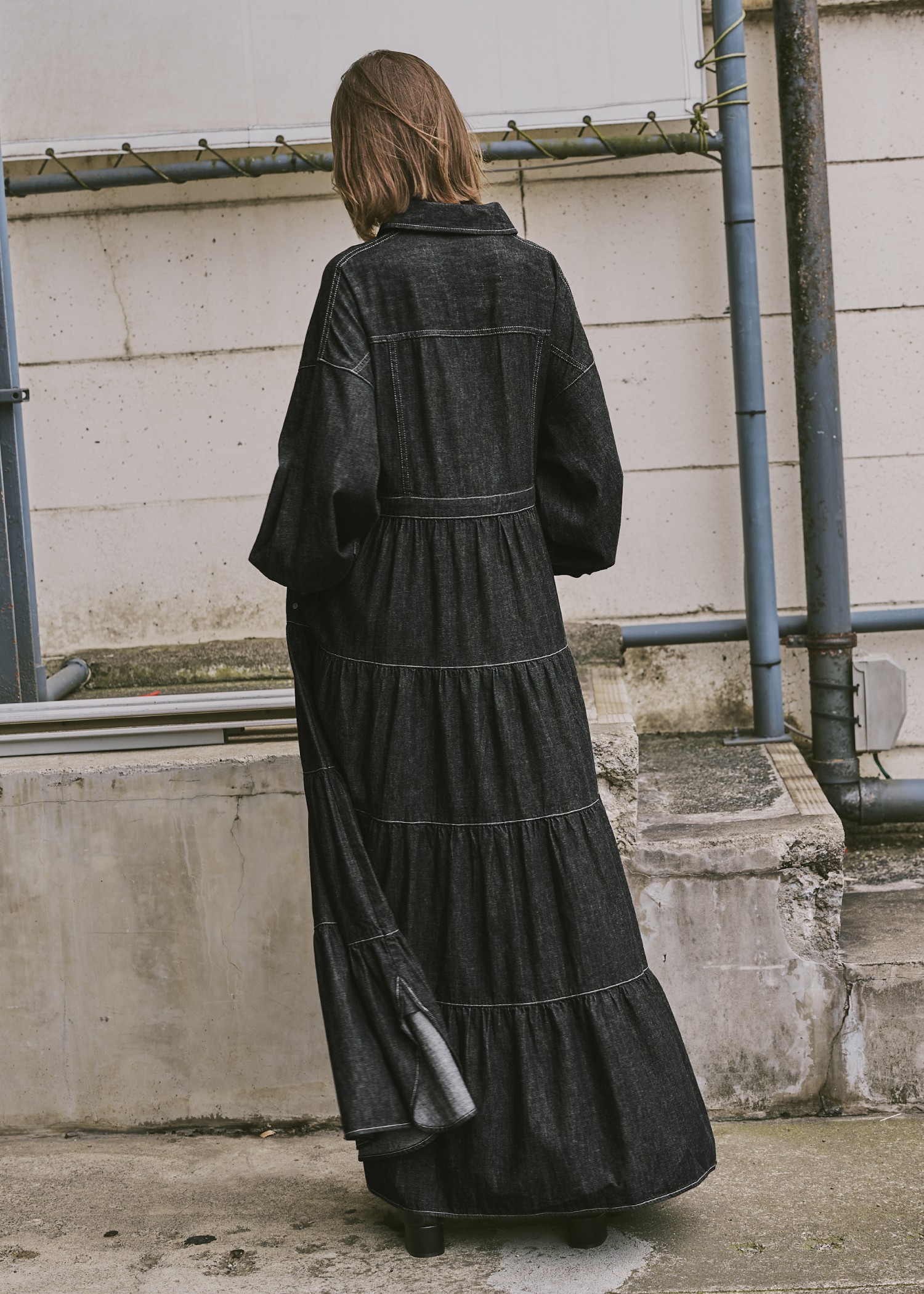 【Healthy DENIM × WILLFULLY】"Aphrodite" tiered denim shirt OP