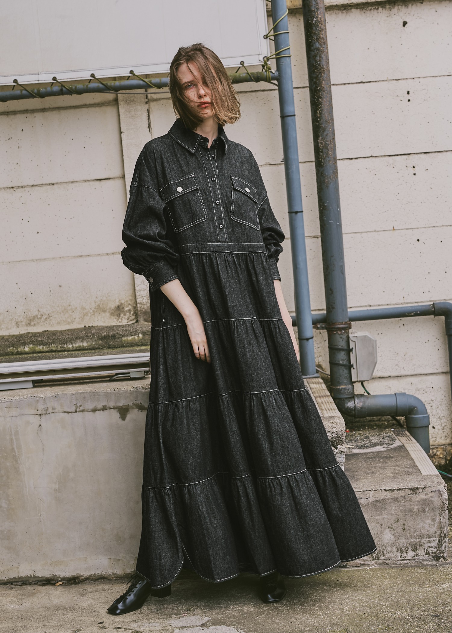 【Healthy DENIM × WILLFULLY】"Aphrodite" tiered denim shirt OP