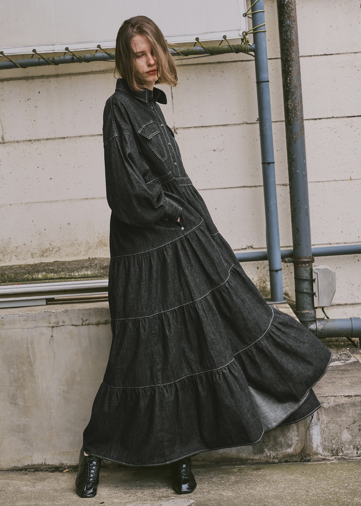 【Healthy DENIM × WILLFULLY】"Aphrodite" tiered denim shirt OP