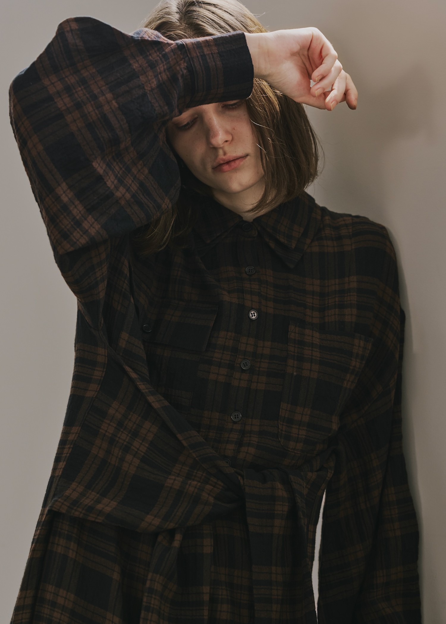 side drawstring double collar check shirt OP