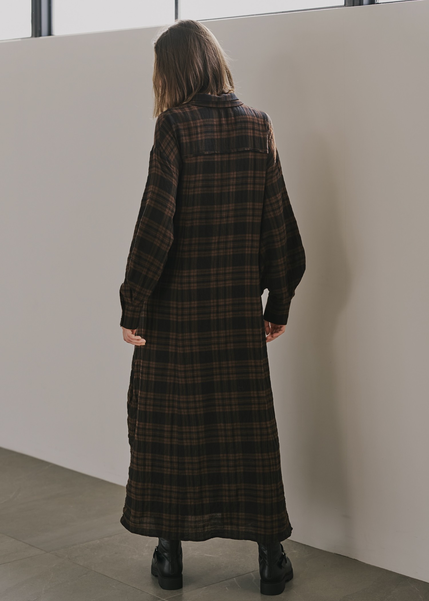 side drawstring double collar check shirt OP