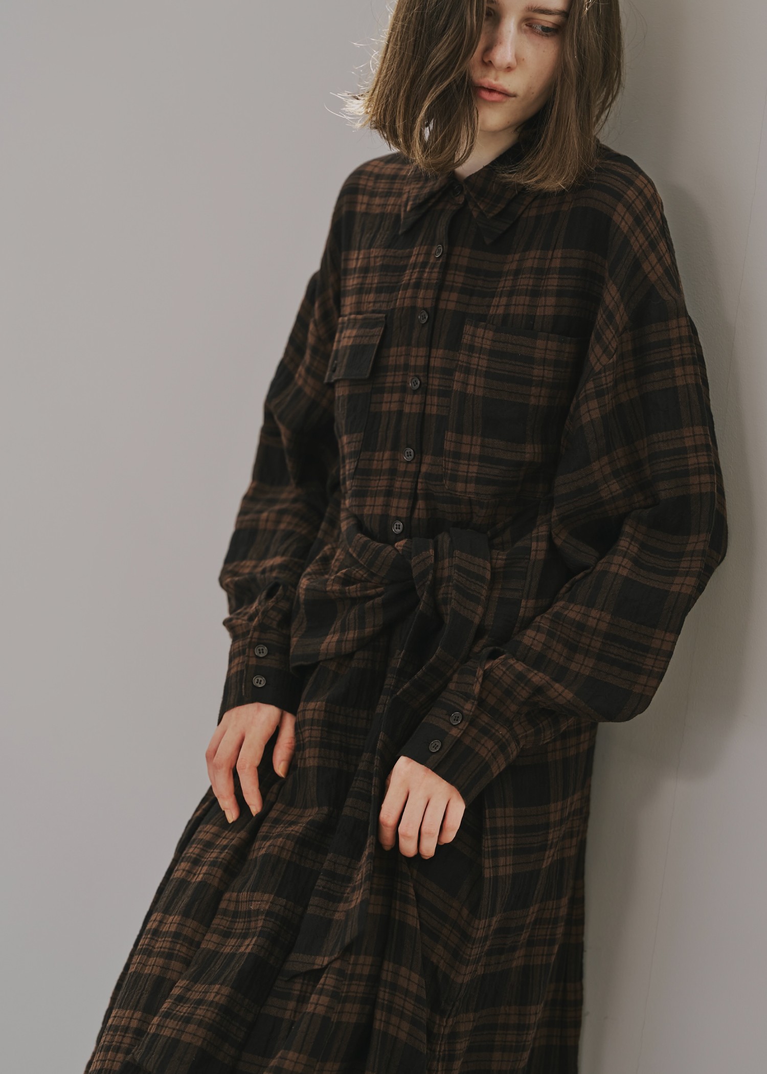 side drawstring double collar check shirt OP