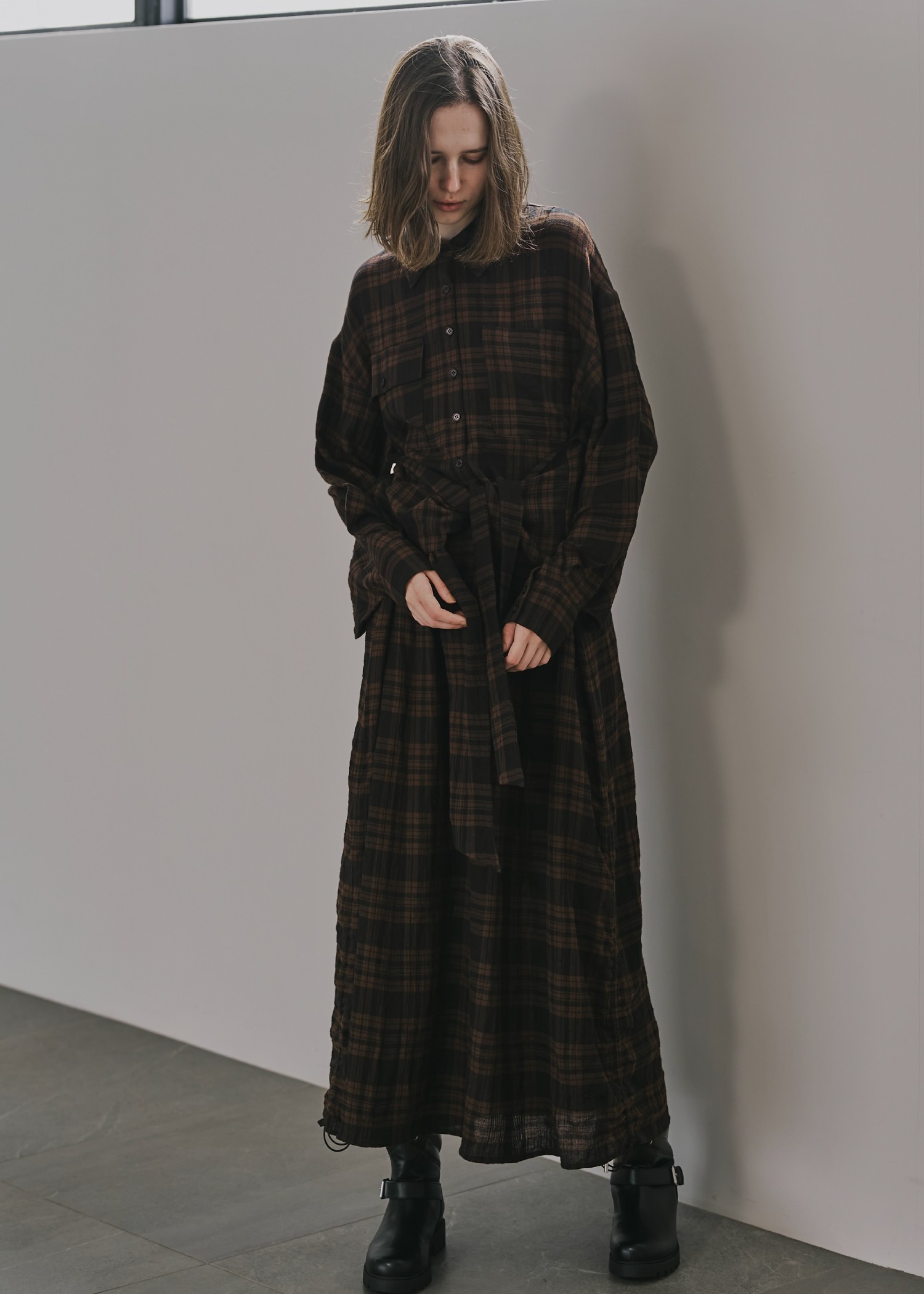 side drawstring double collar check shirt OP