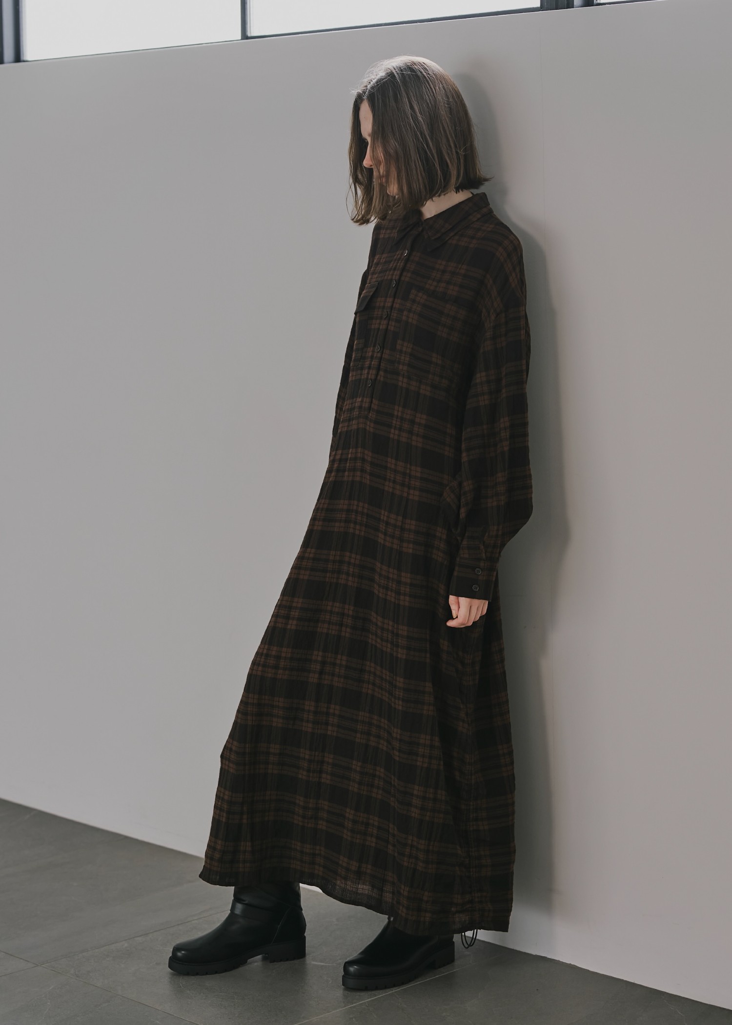 side drawstring double collar check shirt OP