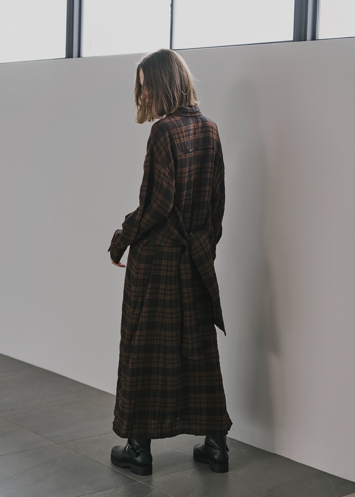 side drawstring double collar check shirt OP