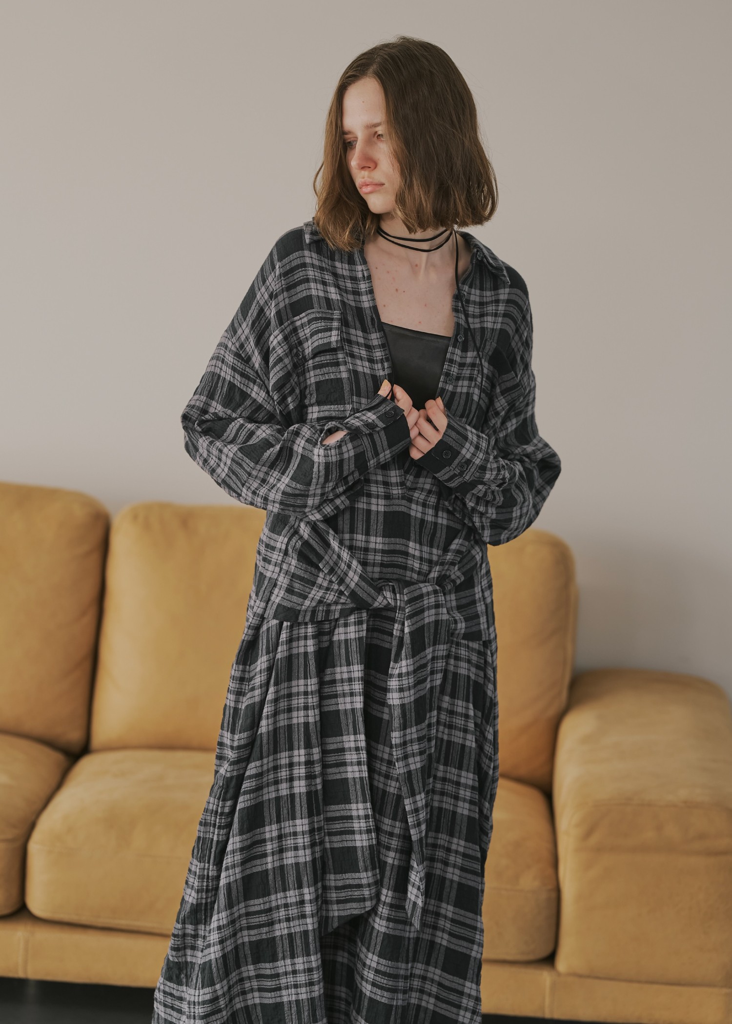 side drawstring double collar check shirt OP