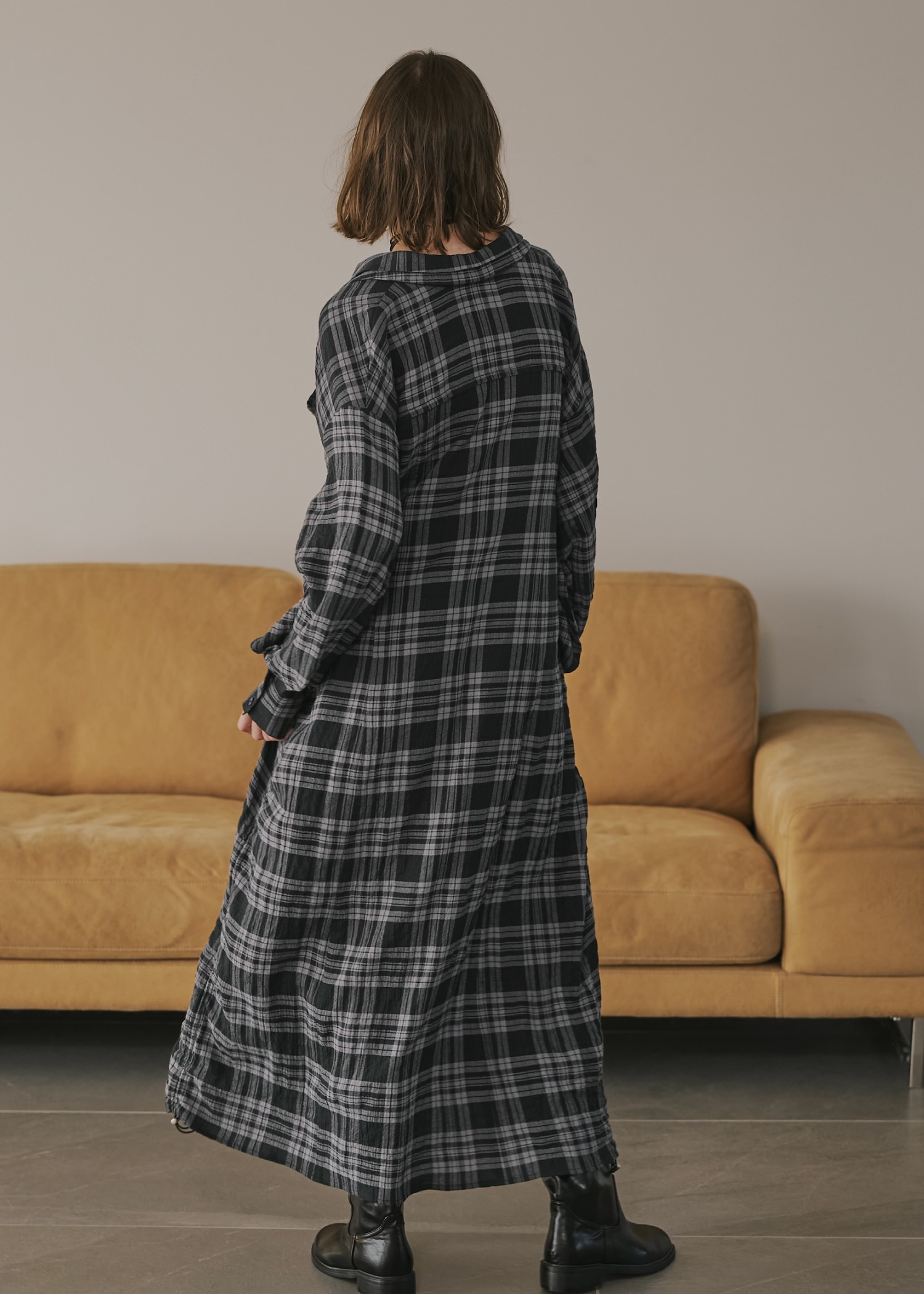 side drawstring double collar check shirt OP