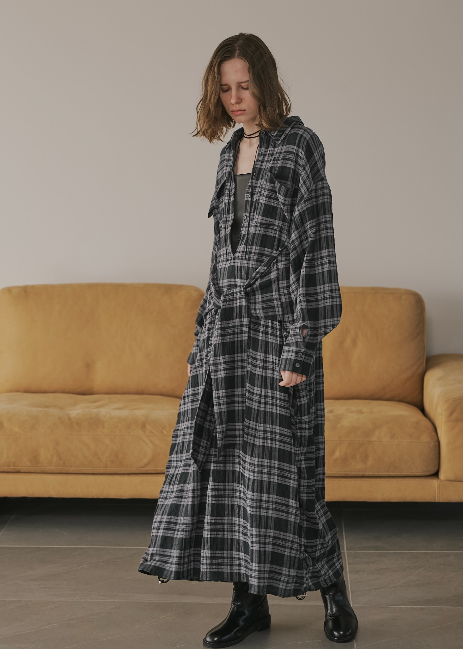 side drawstring double collar check shirt OP