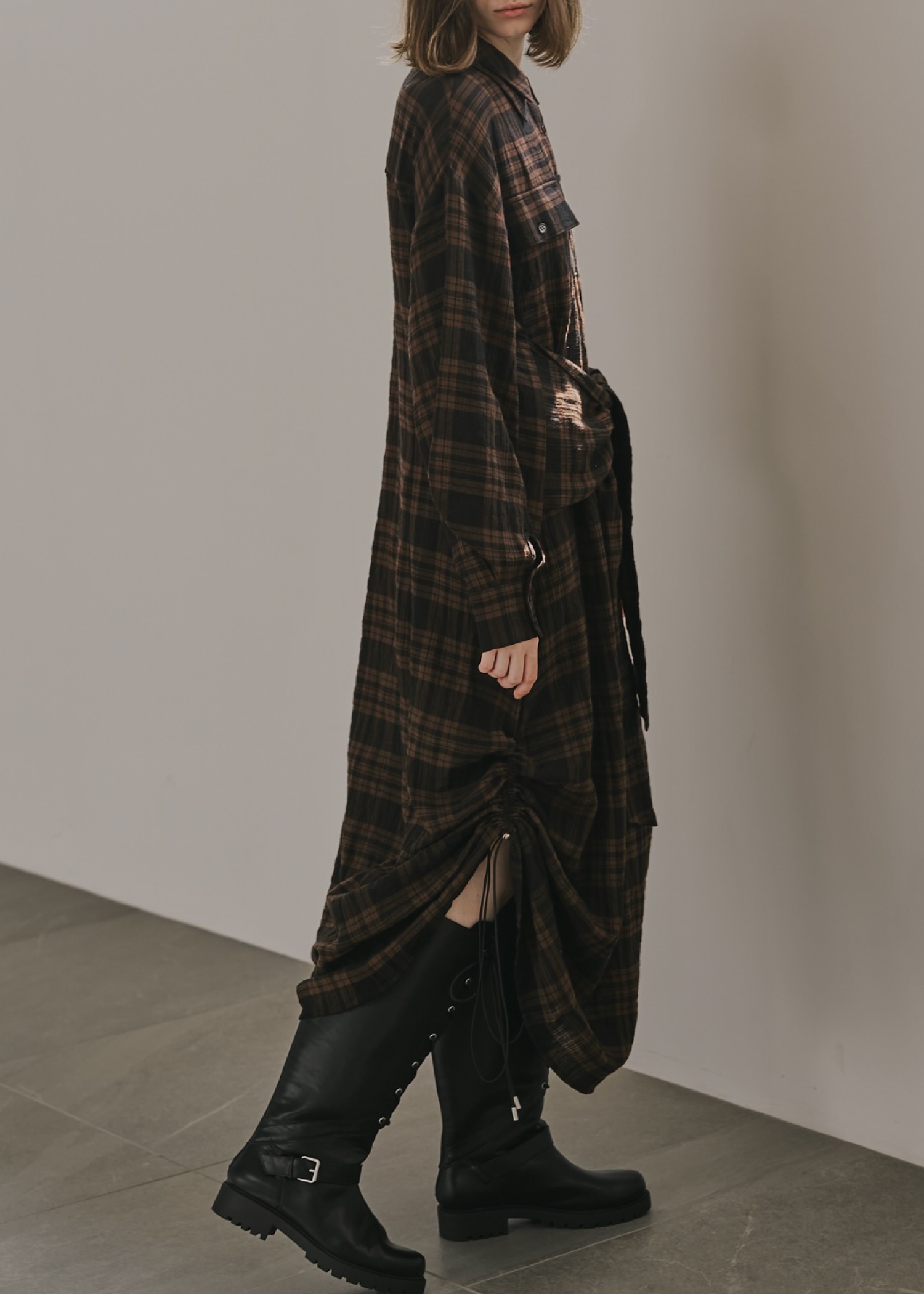 side drawstring double collar check shirt OP