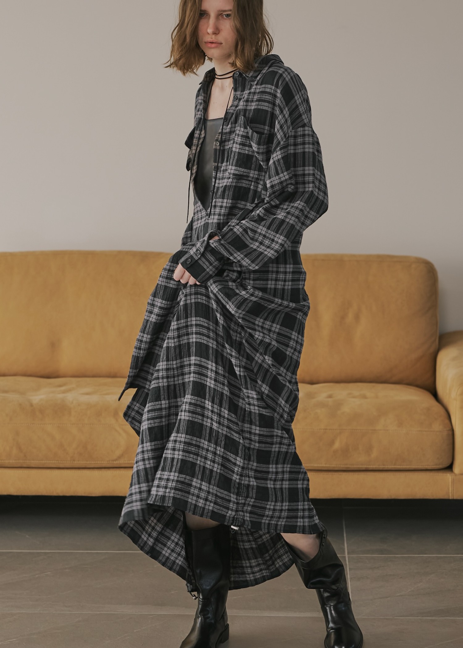 side drawstring double collar check shirt OP