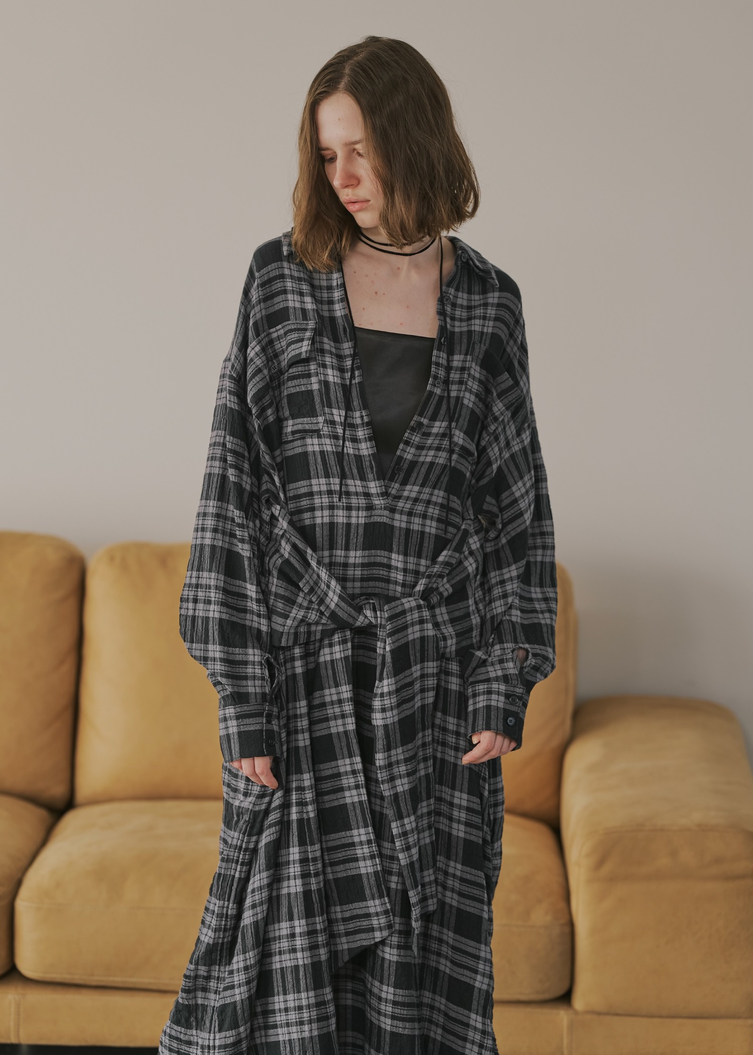 side drawstring double collar check shirt OP