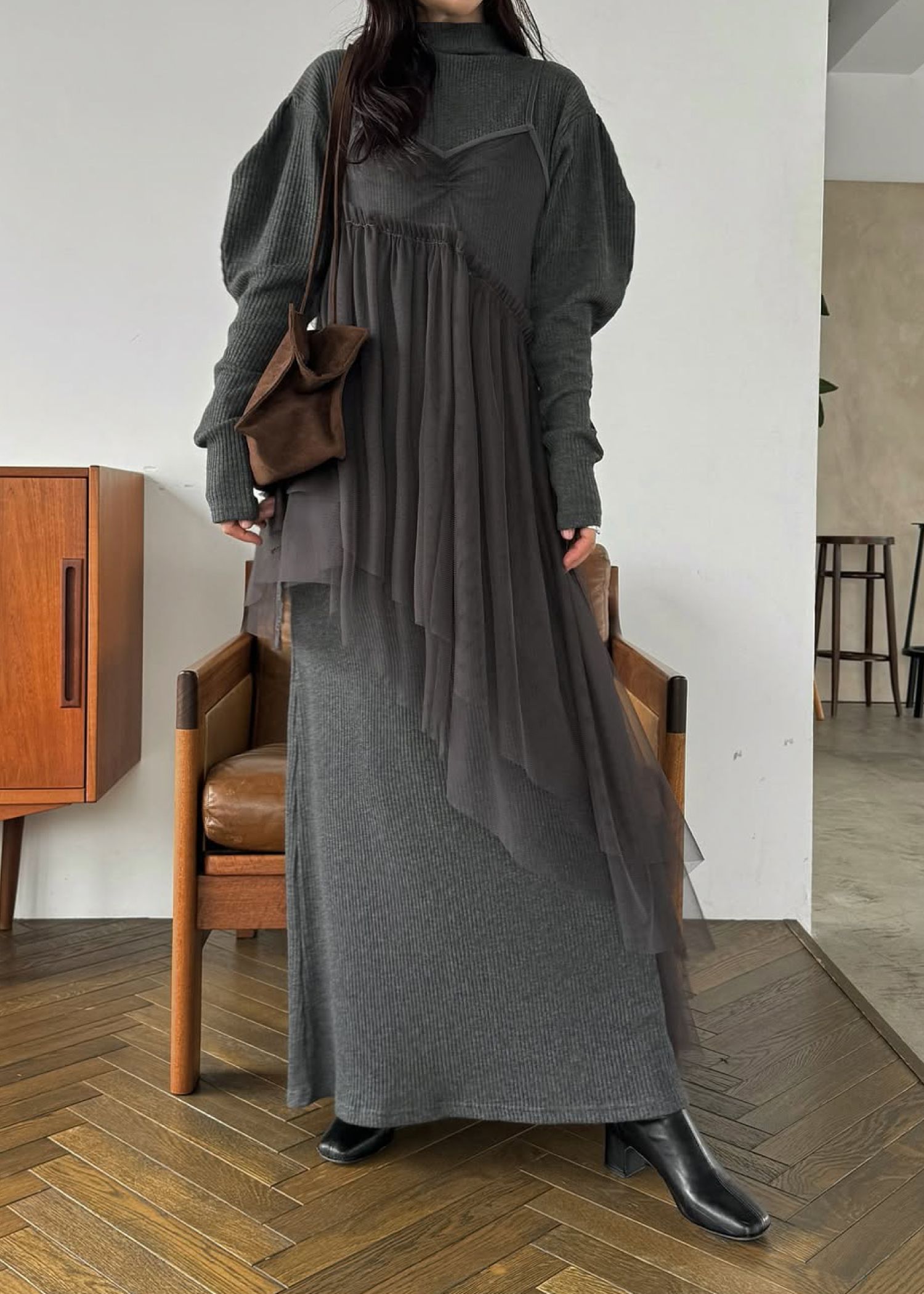 volume sleeve high neck rib OP