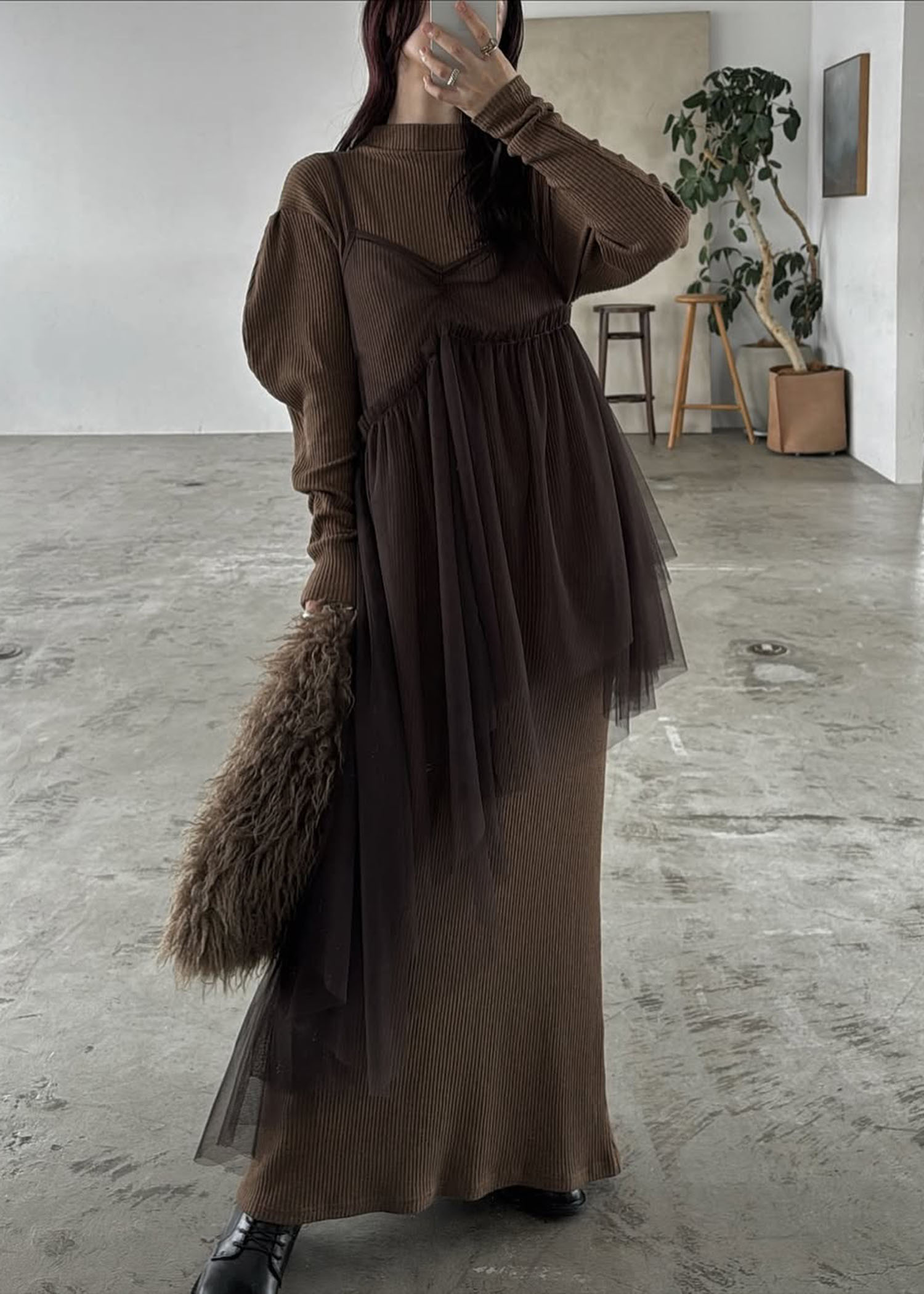 volume sleeve high neck rib OP