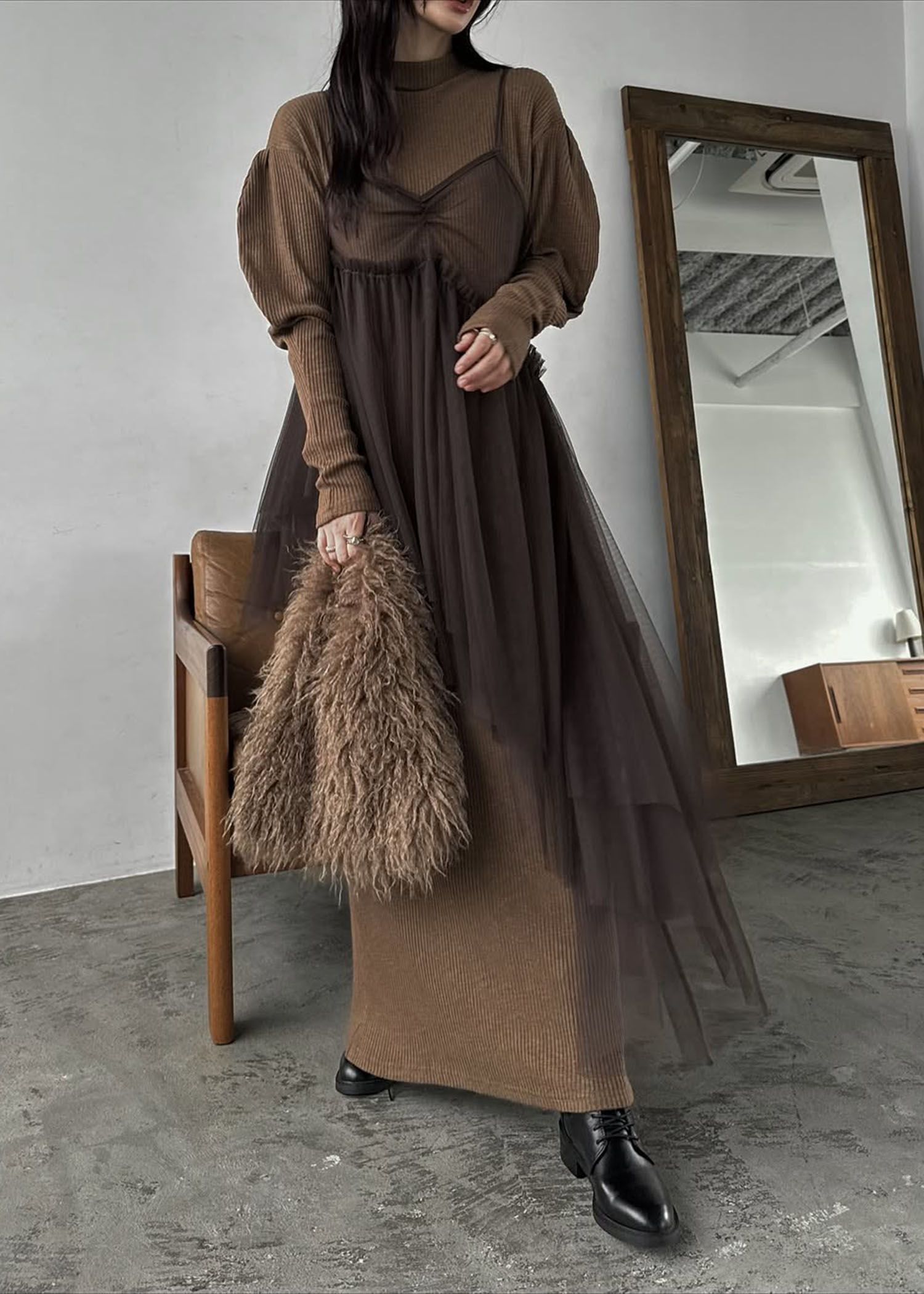 volume sleeve high neck rib OP