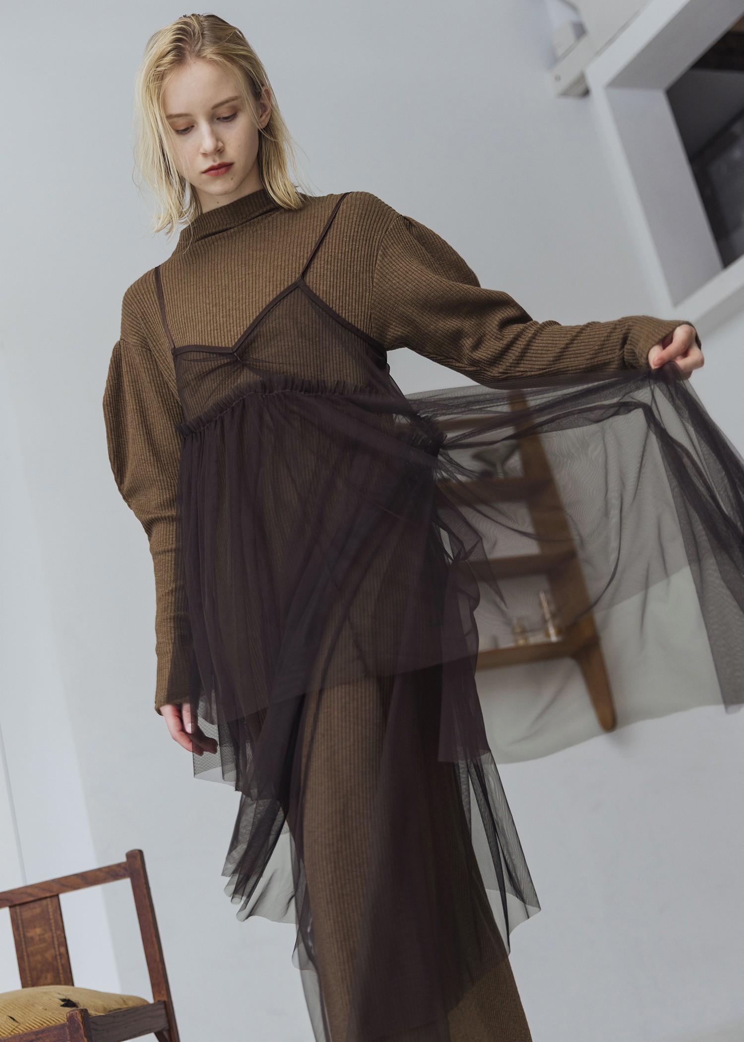 volume sleeve high neck rib OP