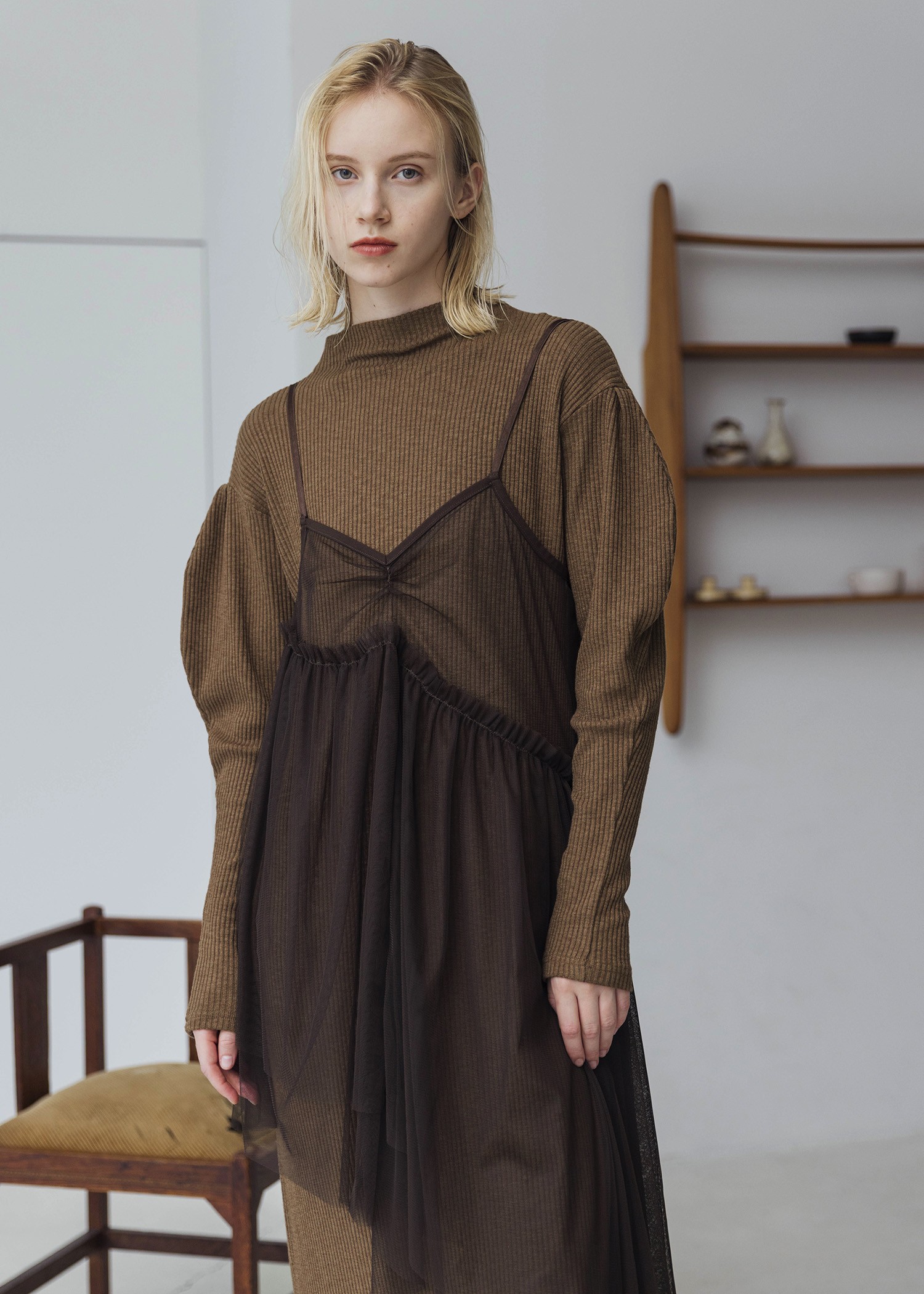 volume sleeve high neck rib OP