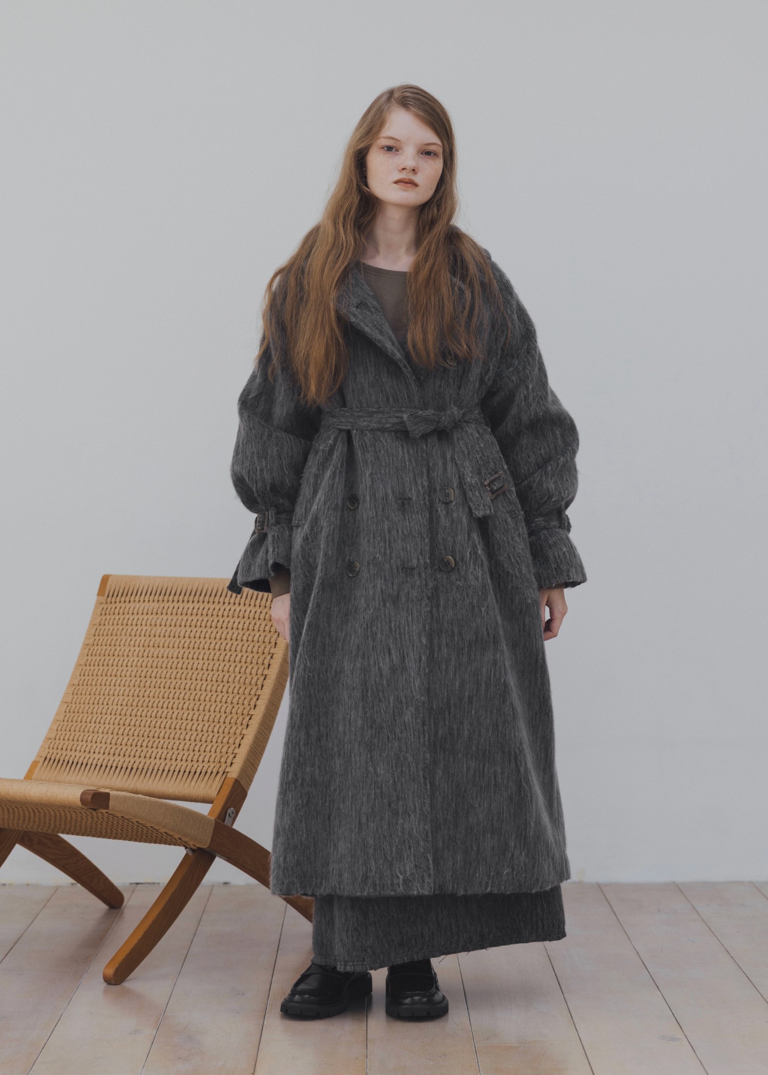 shaggy volume sleeve trench long coat