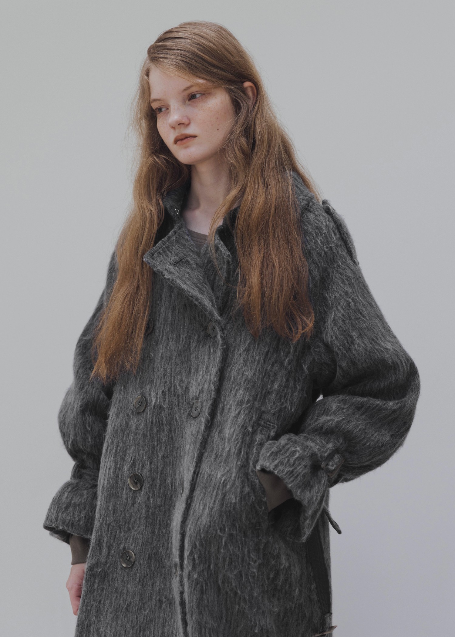 shaggy volume sleeve trench long coat