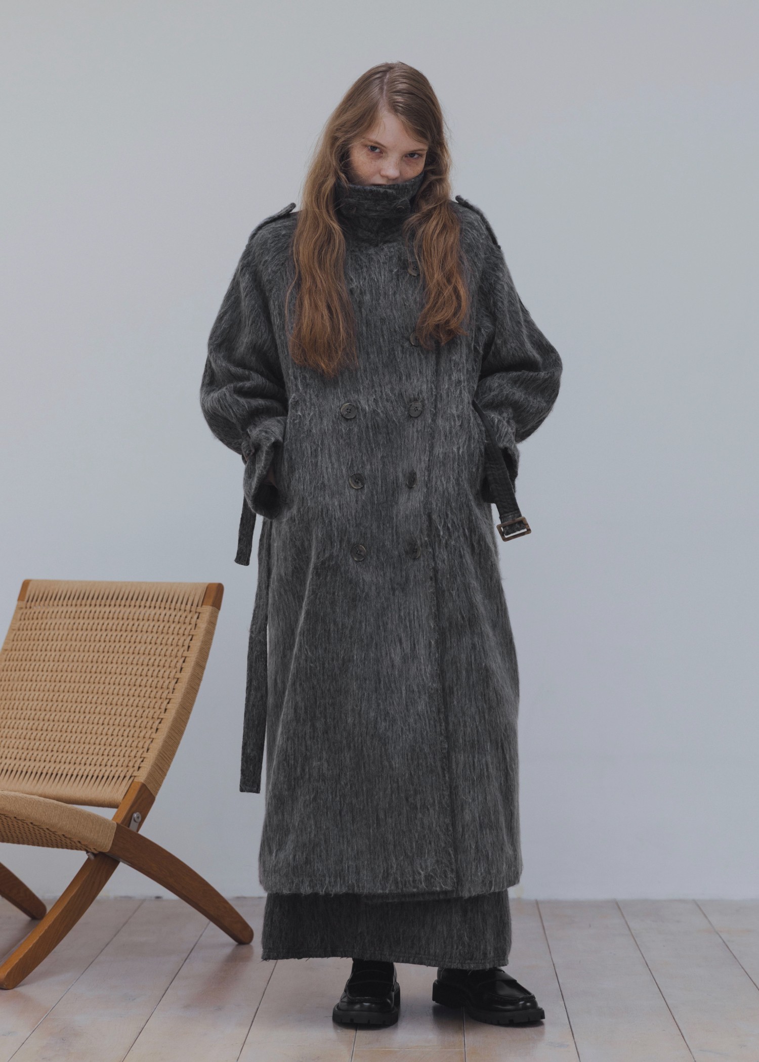 shaggy volume sleeve trench long coat