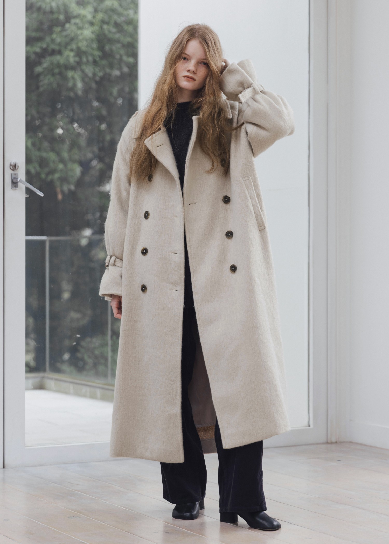 shaggy volume sleeve trench long coat