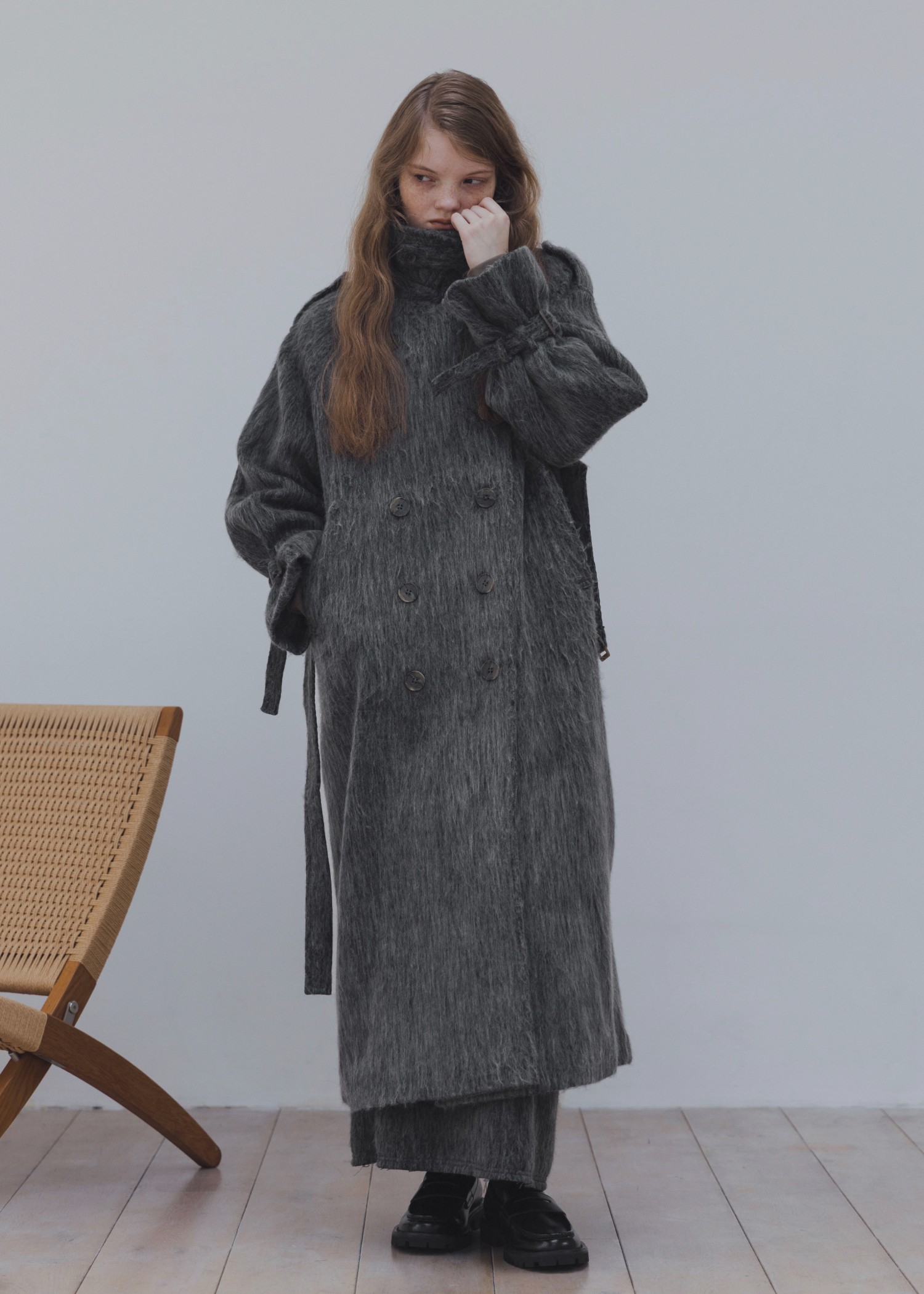 shaggy volume sleeve trench long coat