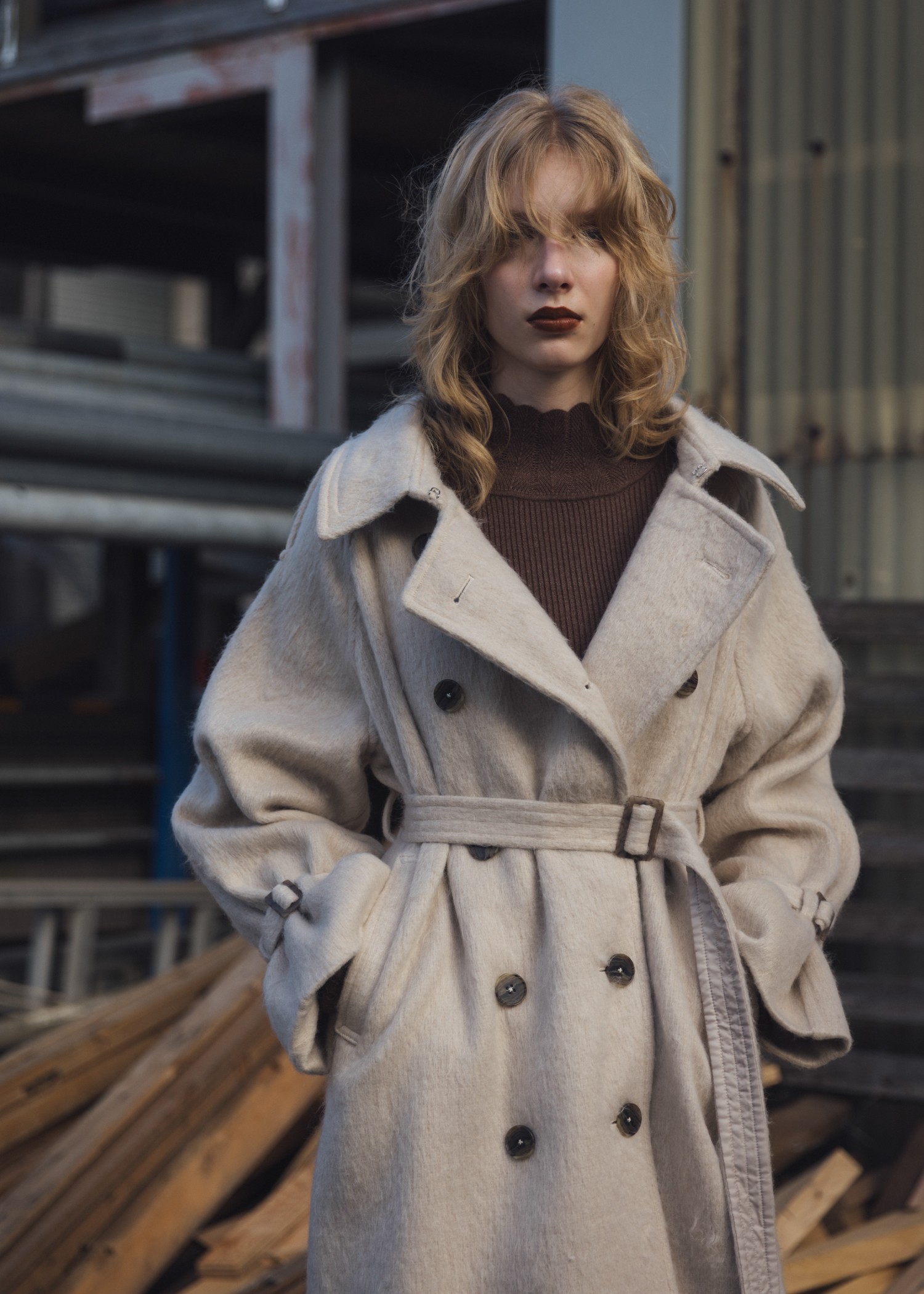 shaggy volume sleeve trench long coat