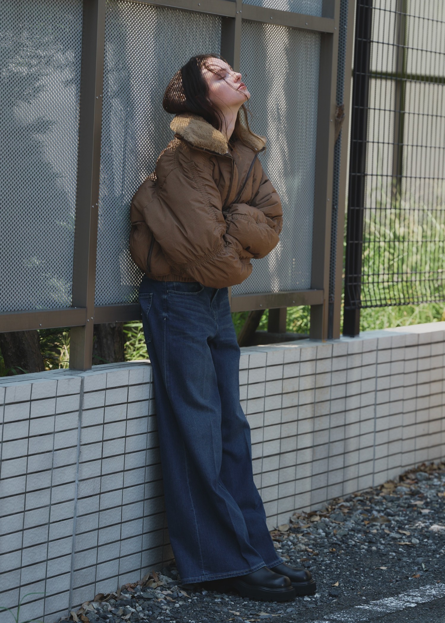 down stitch check fur collar short JK