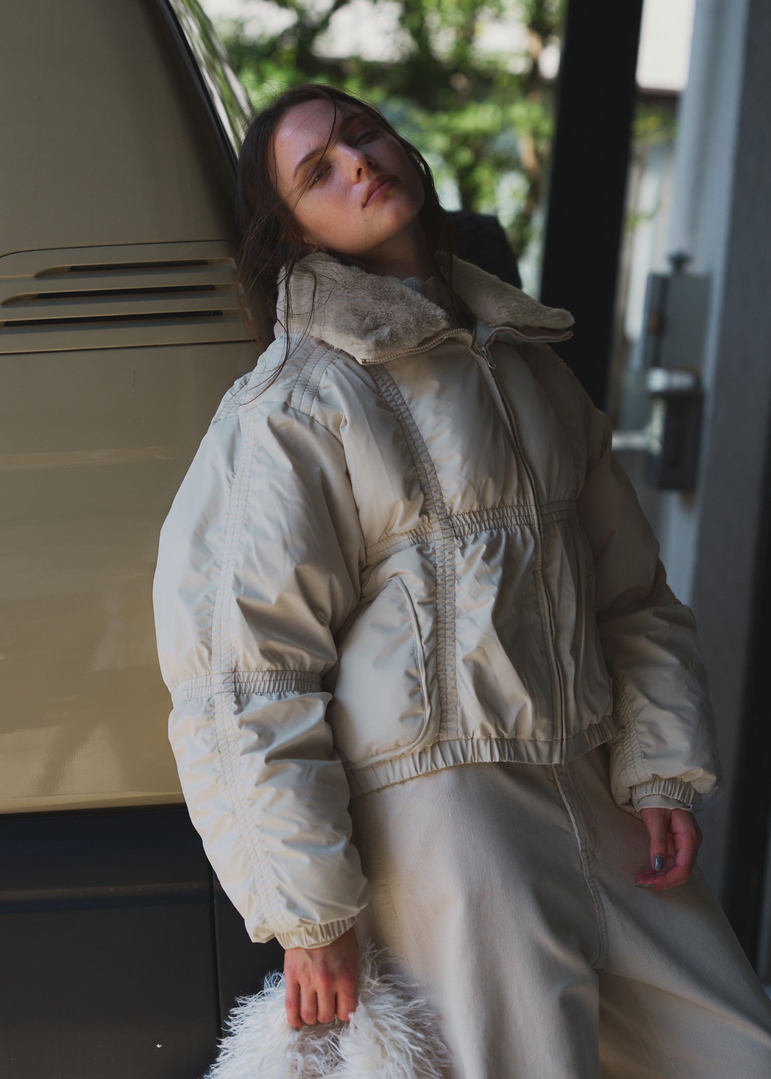 down stitch check fur collar short JK