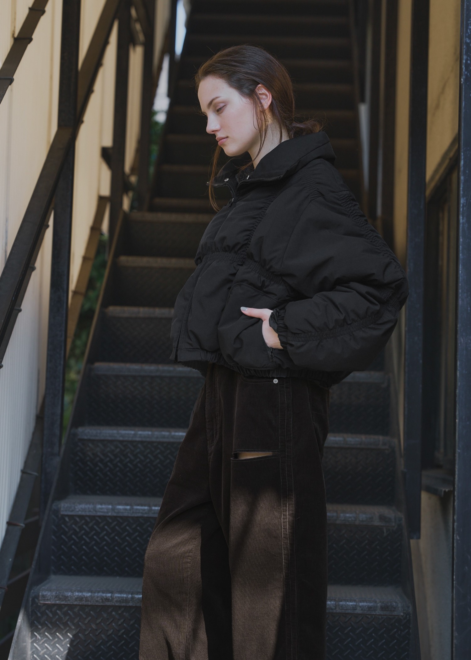 down stitch check fur collar short JK