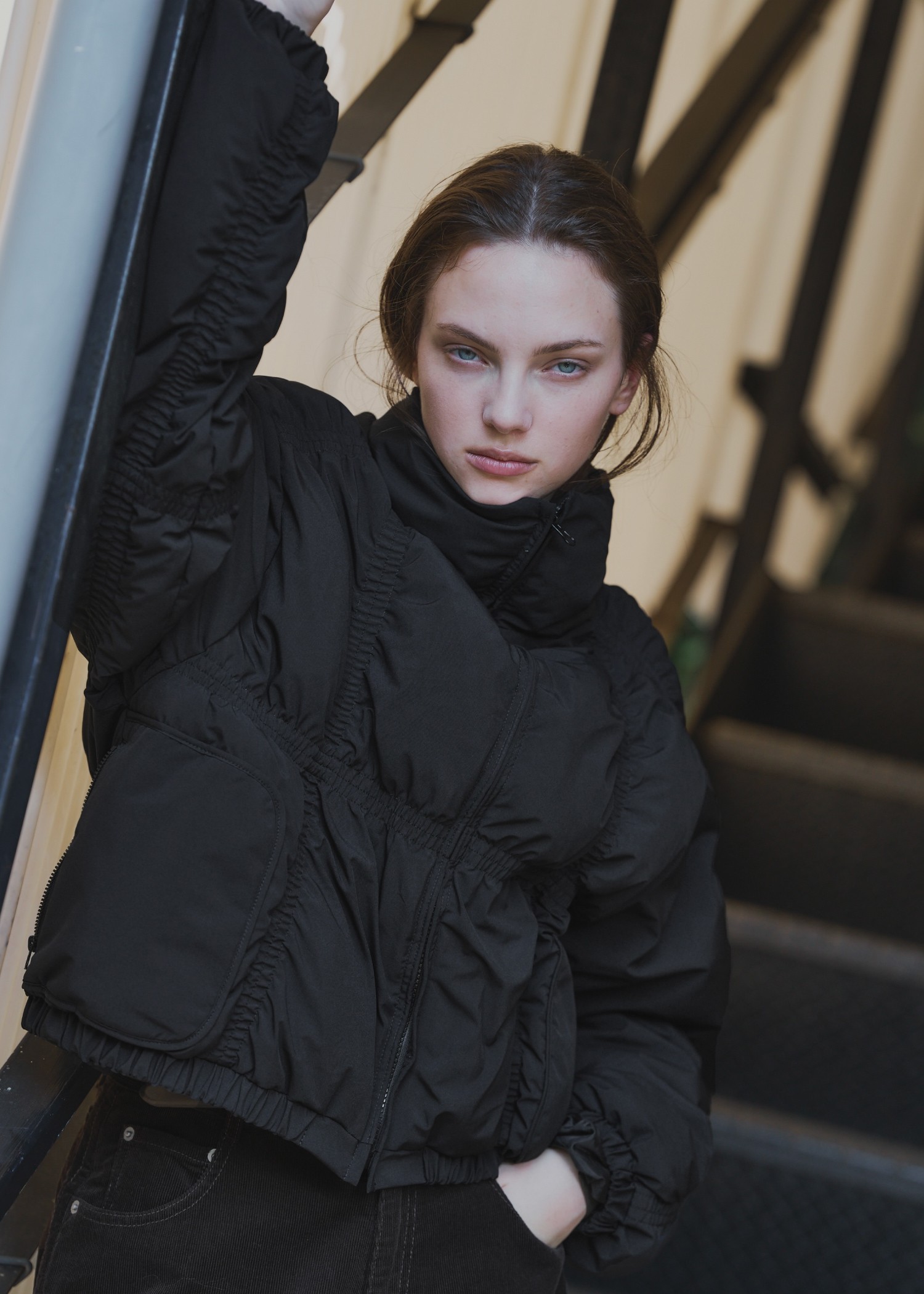 down stitch check fur collar short JK