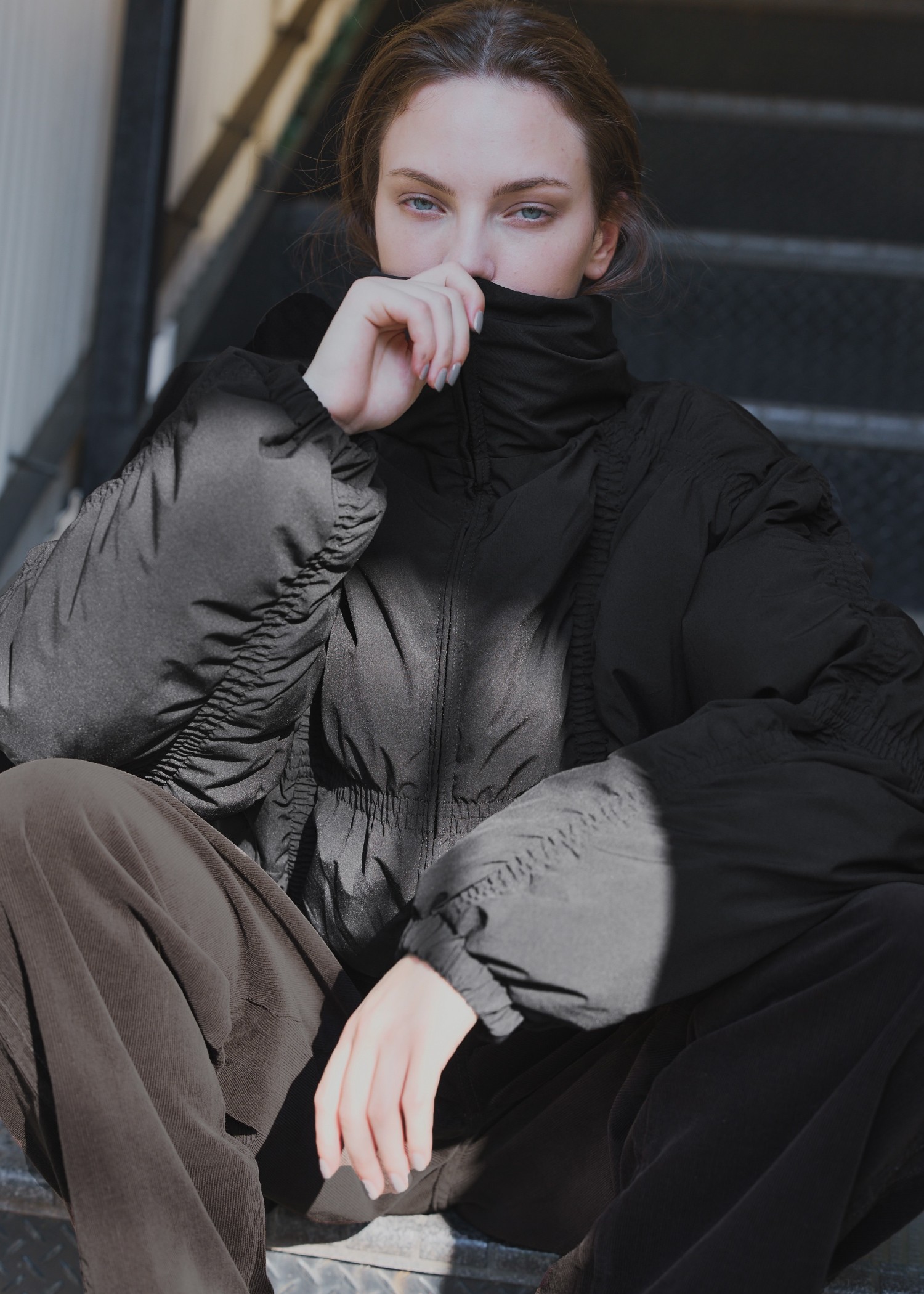 down stitch check fur collar short JK