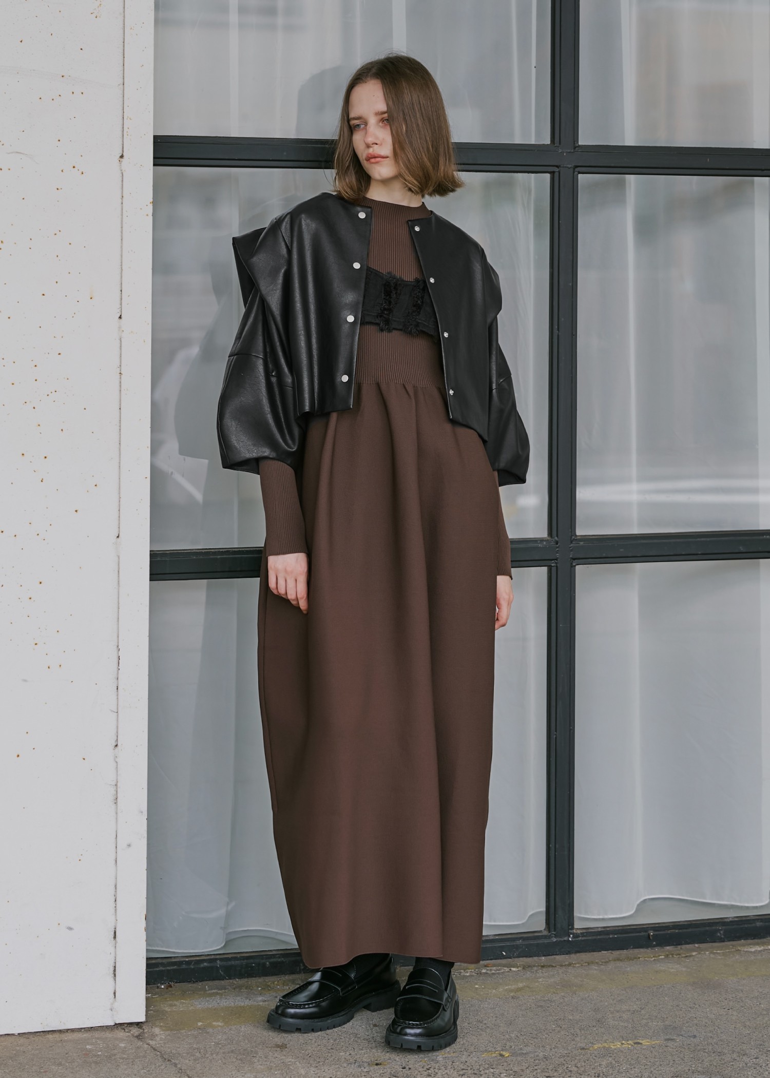 volume 2way sleeve synthetic leather short JK