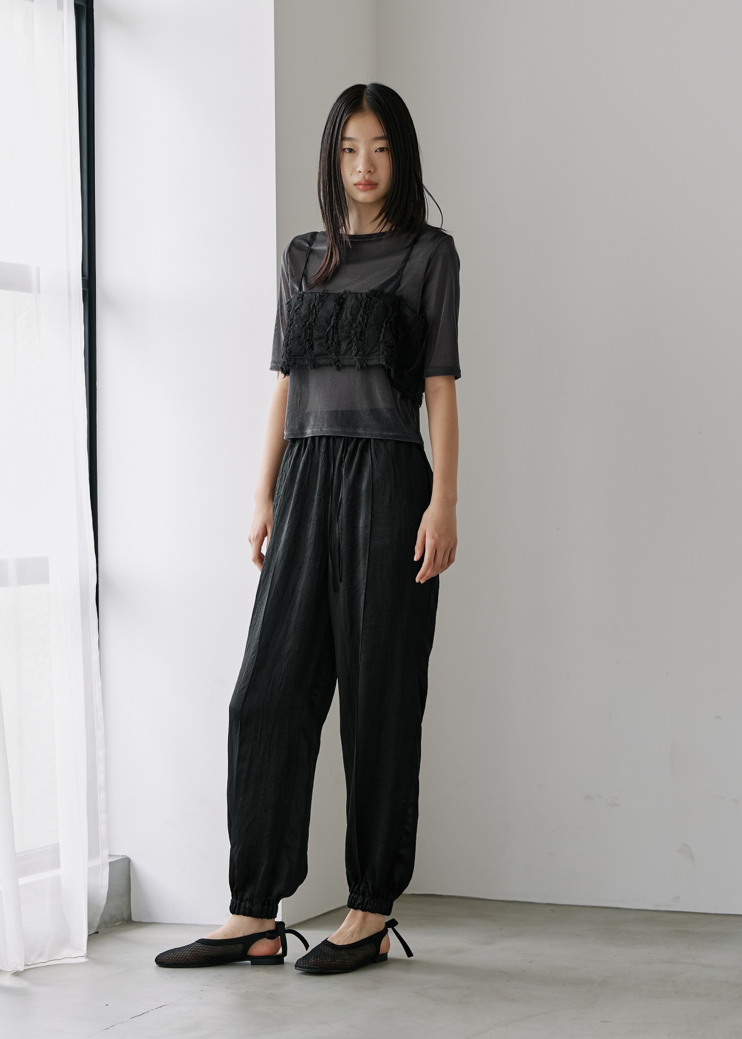 satin waist ribbon elastic shirring PT