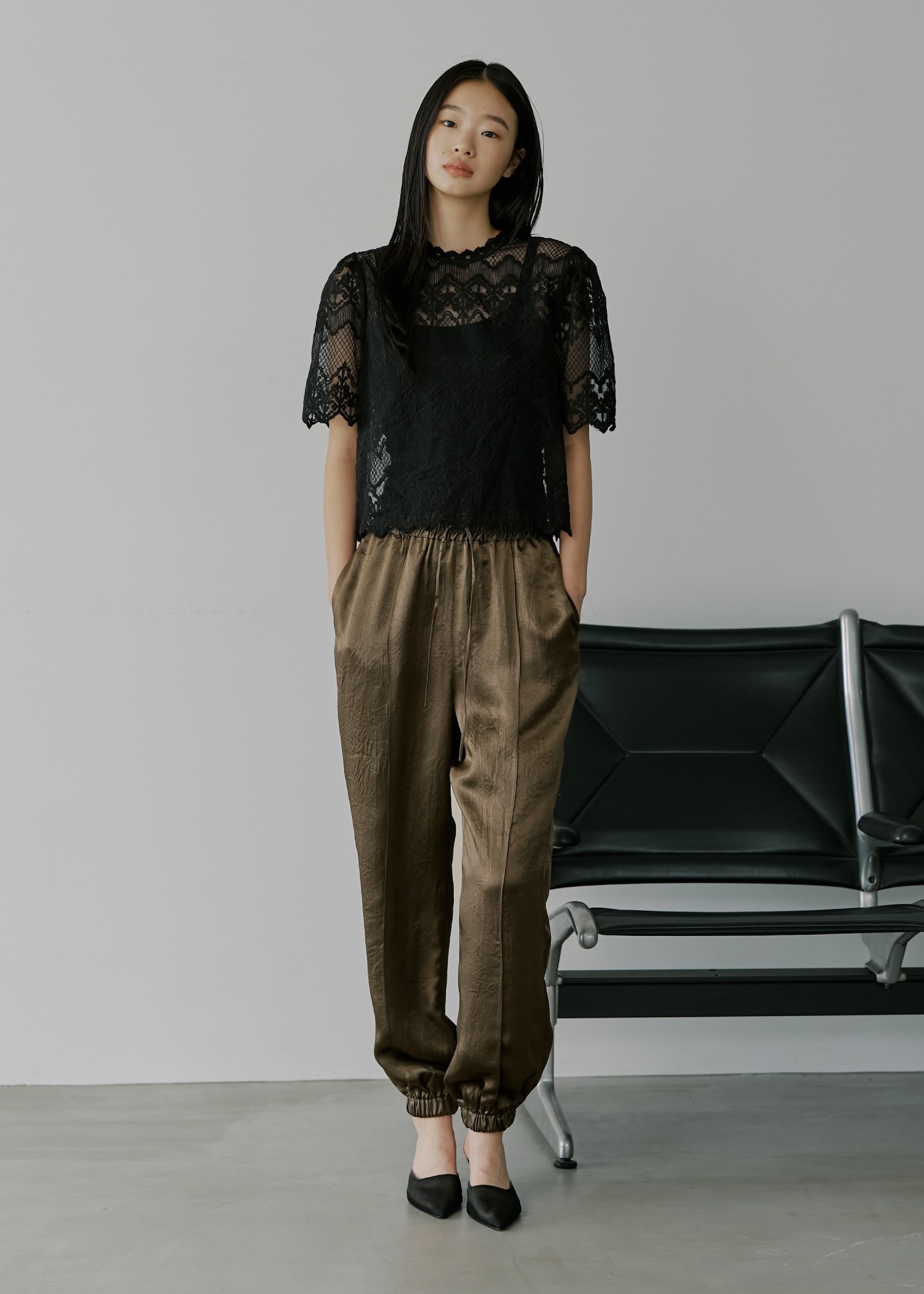 satin waist ribbon elastic shirring PT