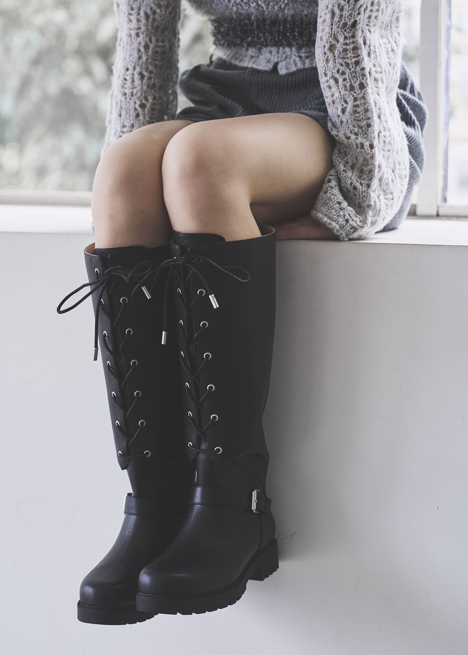 lace up belt design long boots