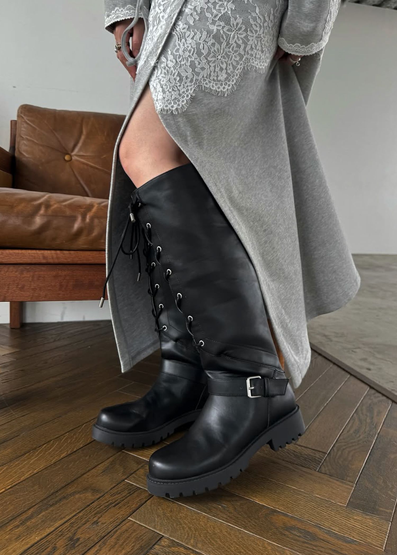 lace up belt design long boots