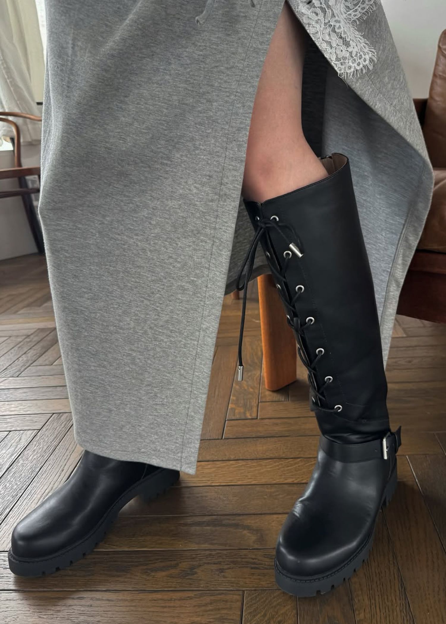 lace up belt design long boots