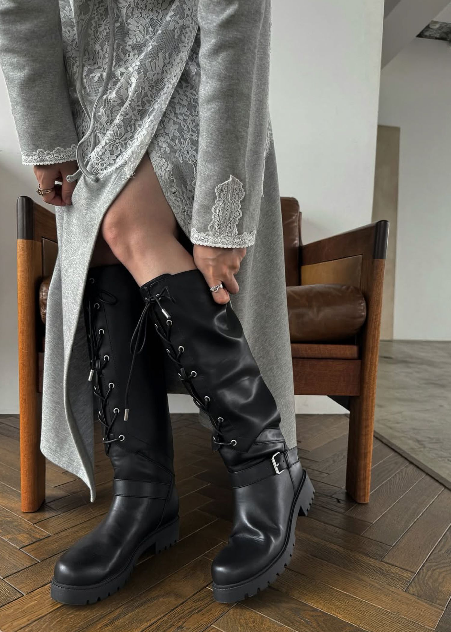 lace up belt design long boots