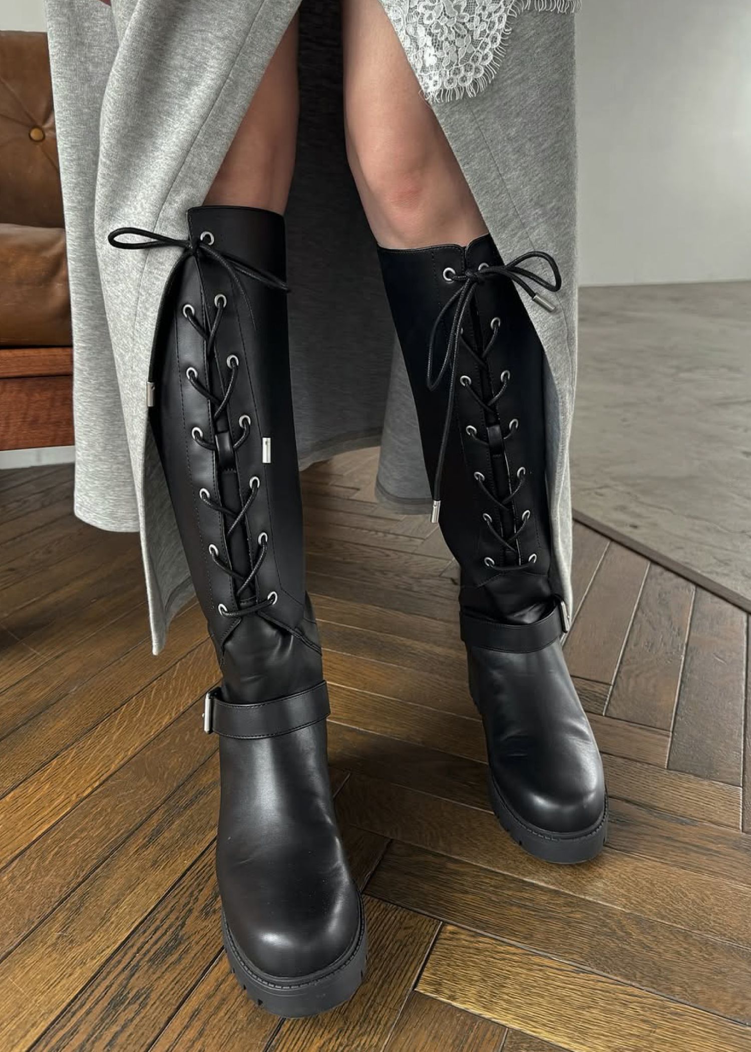 lace up belt design long boots