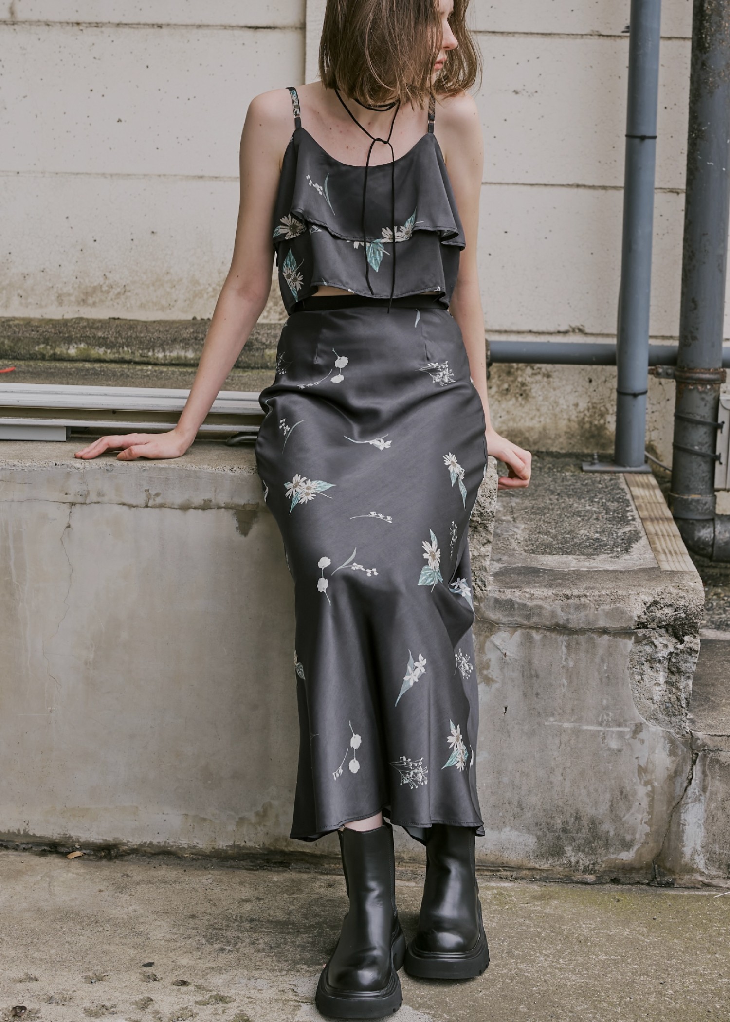 multi flower print bustier skirt SET UP