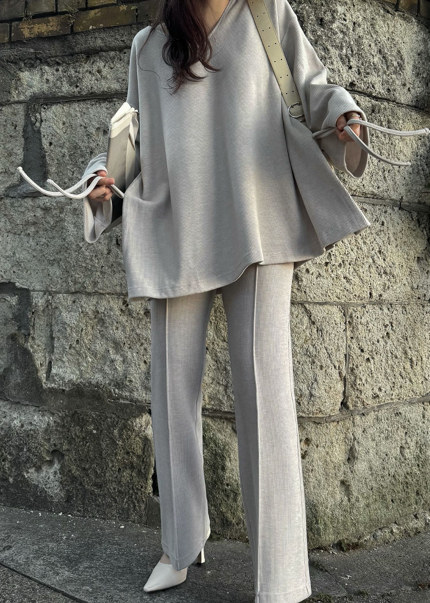 side ribbon tuck bell sleeve rib tops