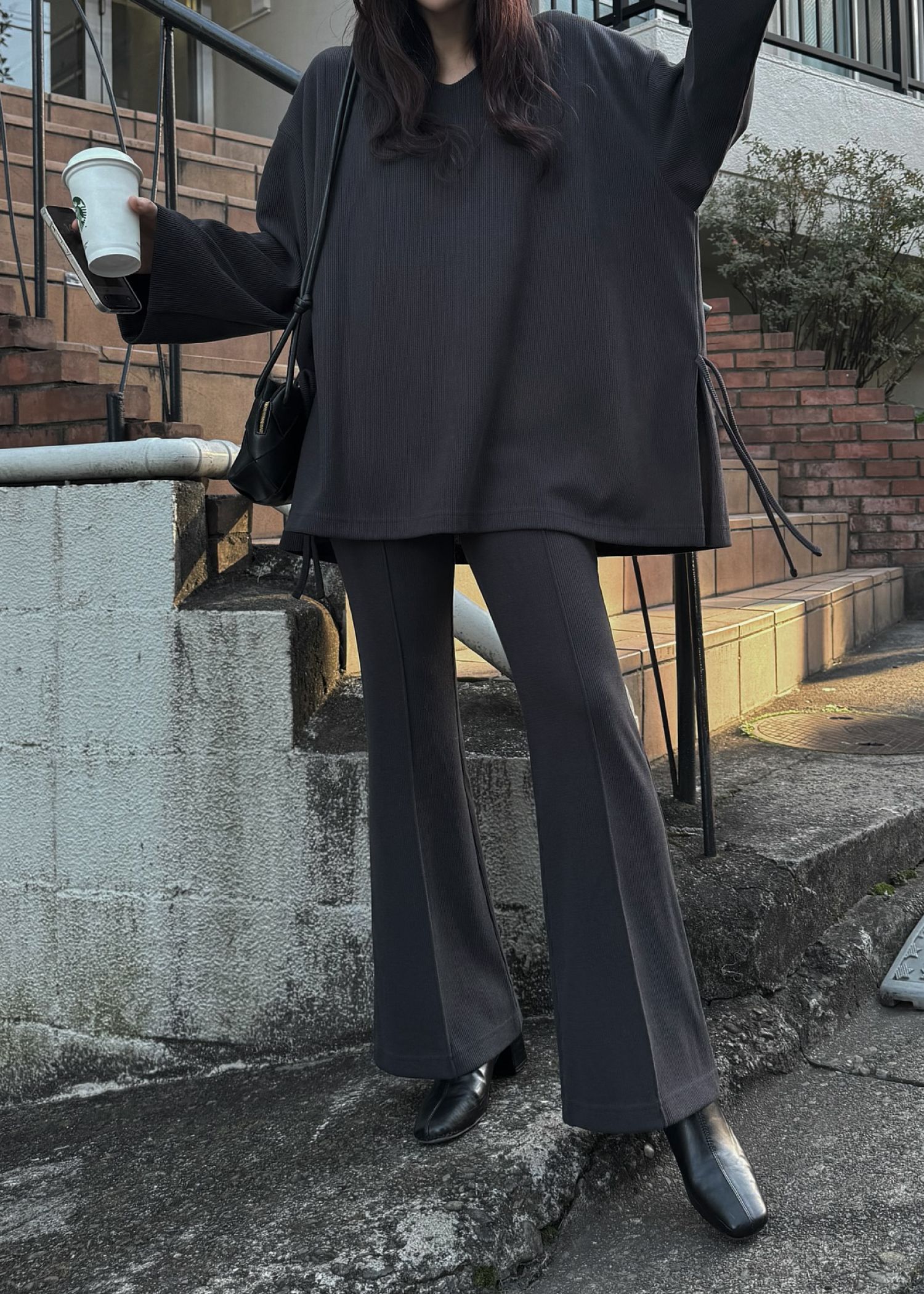 side ribbon tuck bell sleeve rib tops